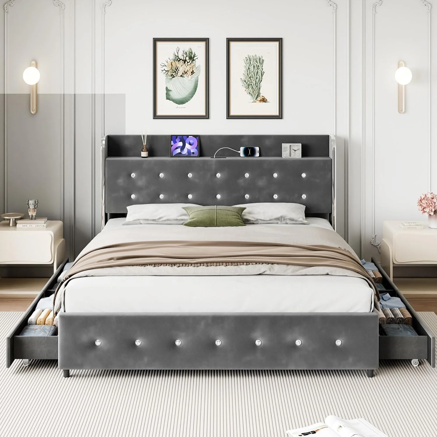 Garvee Queen Size Bed Frame with 4 Storage Drawers & Charging Station, Velvet Upholstered Platform Bed Frame with Storage Headboard, No Box Spring Needed, 1000lbs Support, Gray