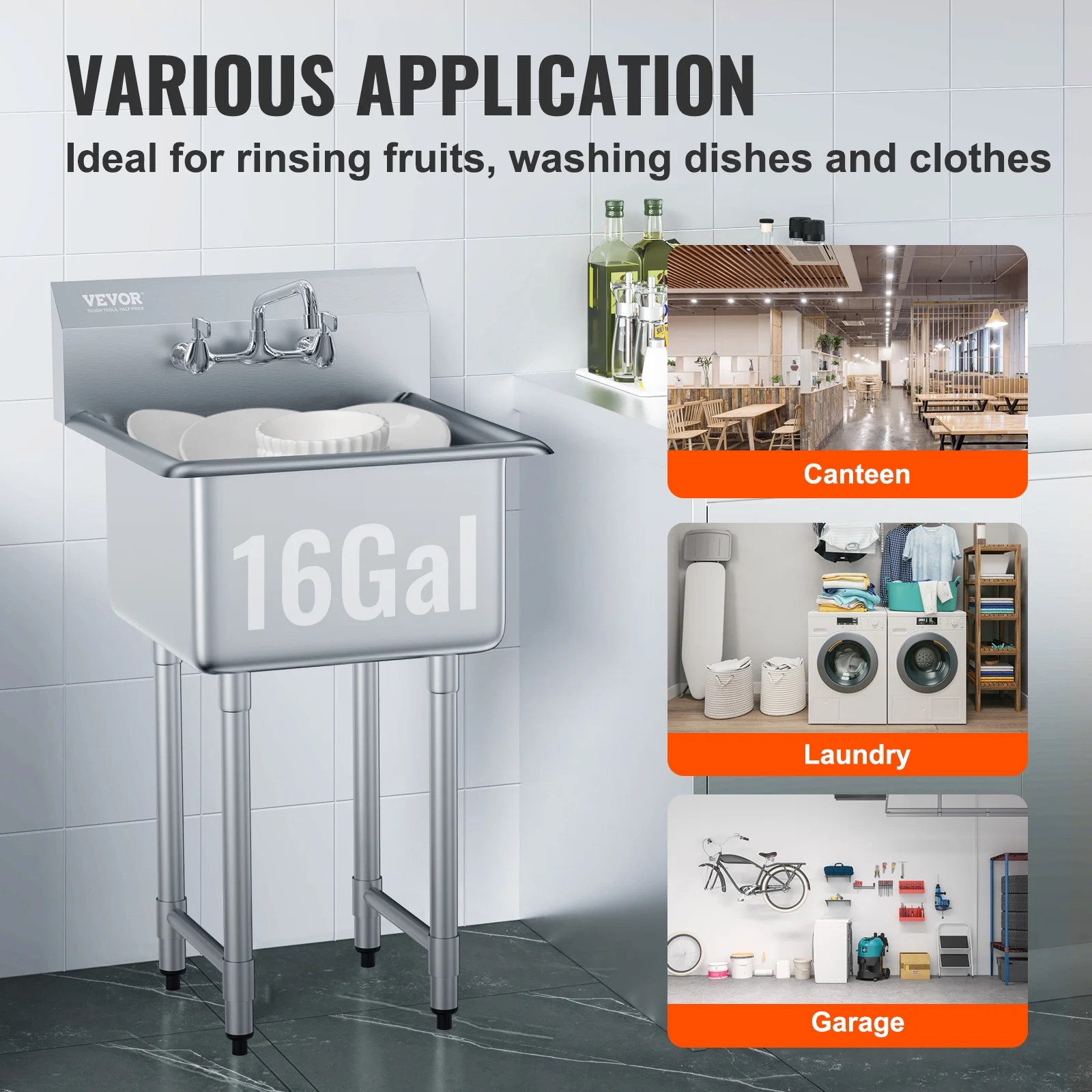 BENTISM Commercial Sink Stainless Steel Bowl Catering Sink Freestanding Utility & Prep Washing Equipment 18''*18''