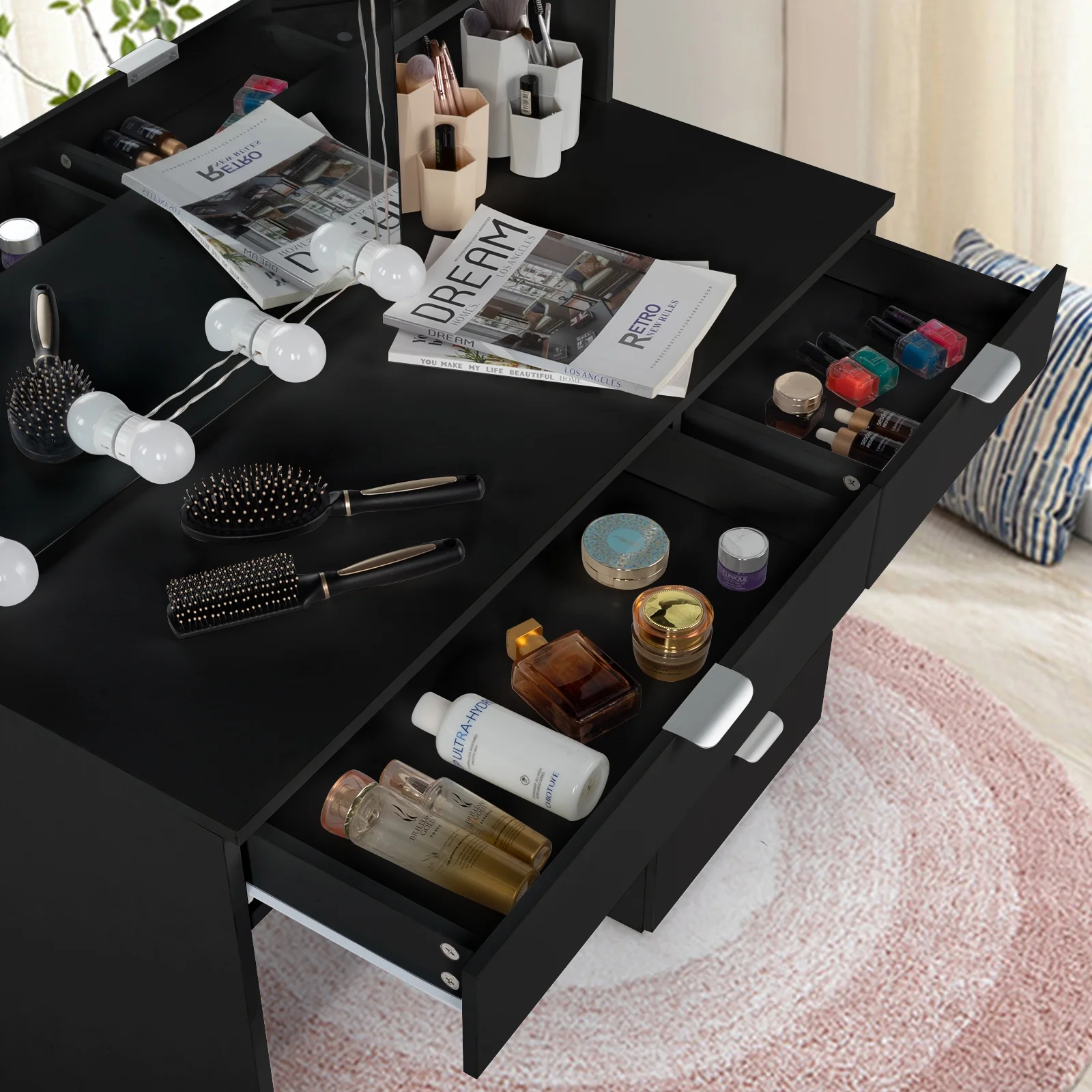 Ktaxon Vanity Set with 3 Color Lighted Mirror, Makeup Table with 6 Drawers, Dressing Table Makeup Desk with Stool,White