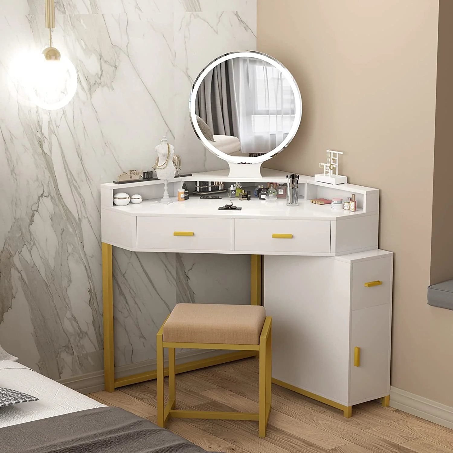 Corner Vanity Set with Lighted Mirror, Makeup Vanity Dressing Table with Drawers, Cabinet and Cushioned Stool, Girls Vanity Desk for Bathroom, Bedroom, White by TZUTOGETHER