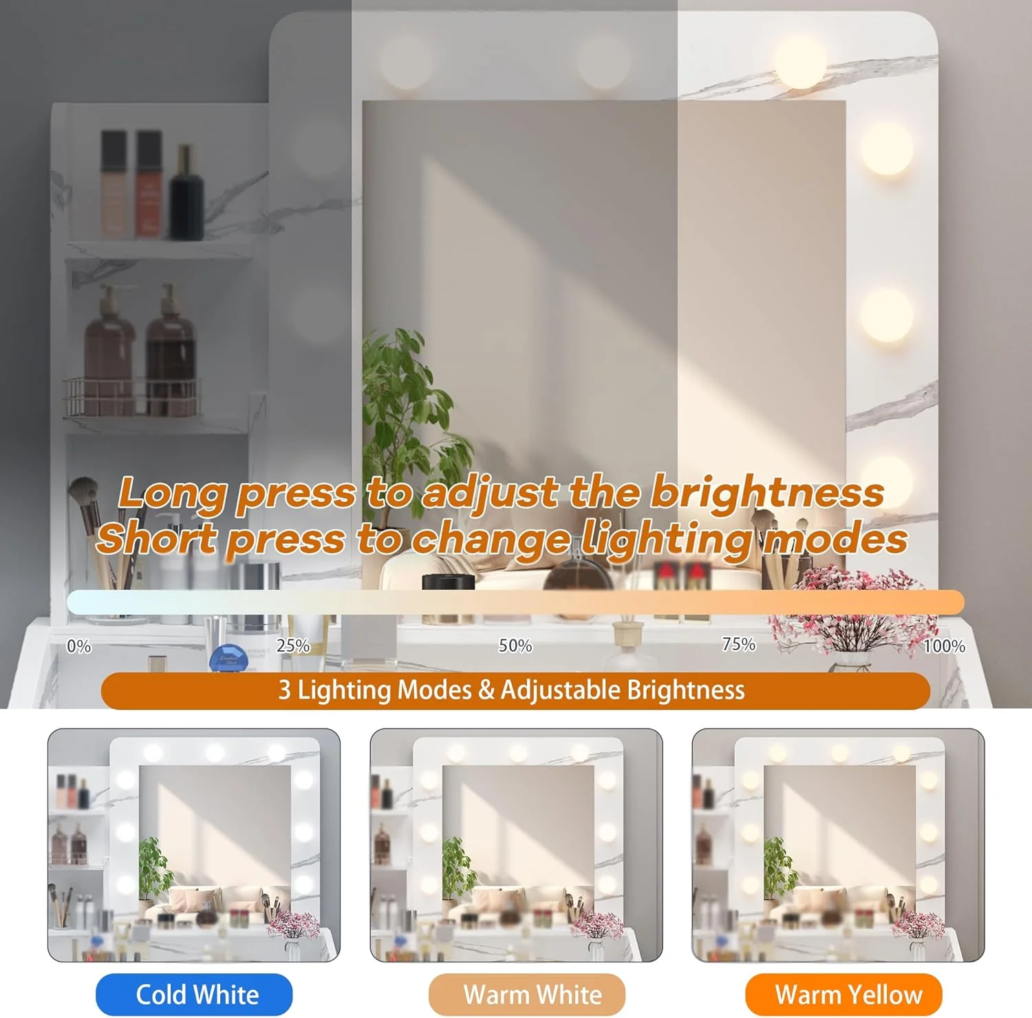 OYang Makeup Vanity with Lights, Vanity Desk with Mirror and Lights Set, Large Drawer and Two-Tier Lots Storage Cabinet, 3 Lighting Modes Adjustable Brightness
