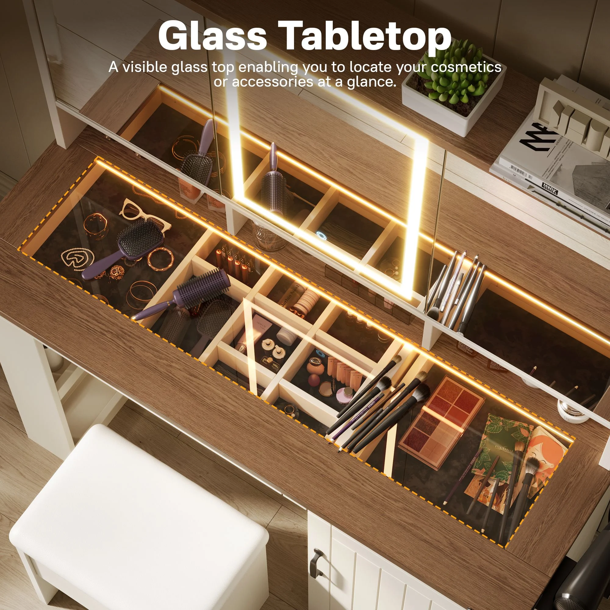 Vcatnet Vanity Table Set with Mirror and Lights Glass Top Makeup Vanity Desk with Storage Shelves and Drawers Dressing Table with LED Lights and USB Charging for Bedroom, Girls and Women