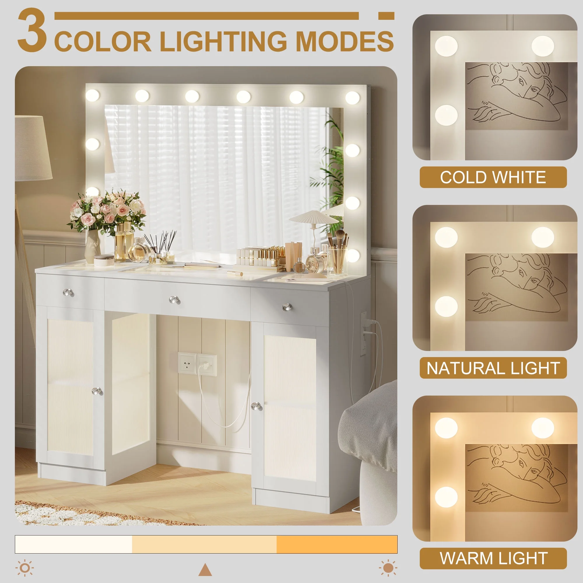 ABOVOBA Vanity Desk with Mirror and Lights,3 Drawers and Power Outlet Makeup Vanity for Women,White