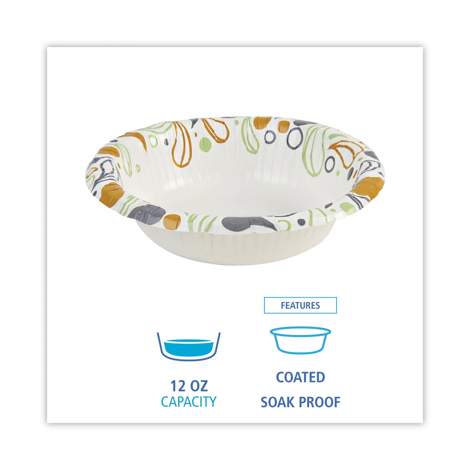 Boardwalk Deerfield Printed Paper Bowl, 12 oz, Coated/Soak Proof, Multicolor, 125/Pack, 8 Packs/Carton