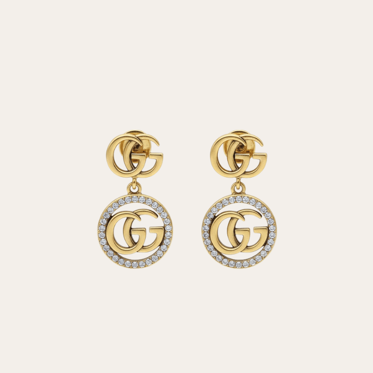 Gucci Interlocking G Drop Earrings With Rhinestones Gold-Tone