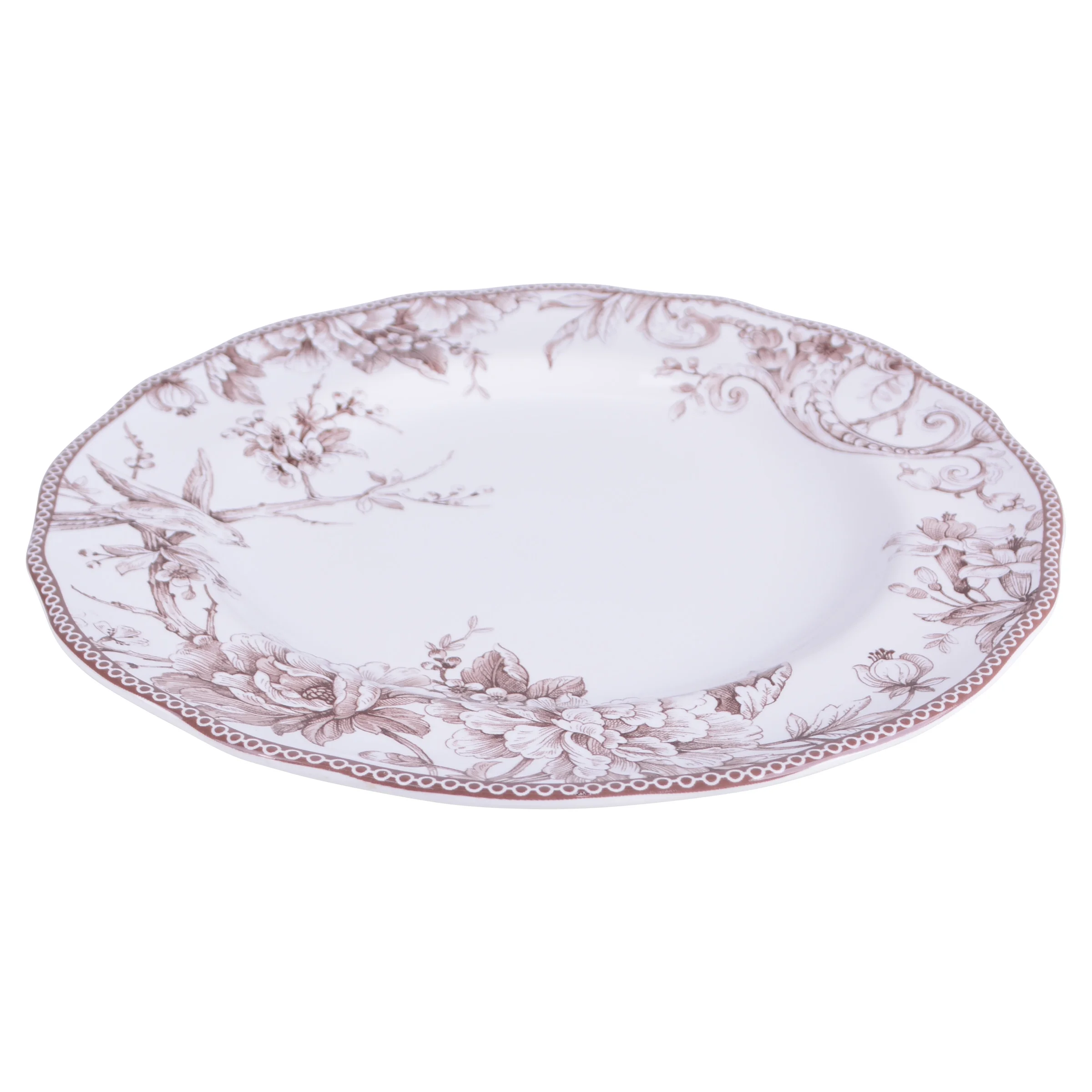 222 Fifth Adelaide Brown on White Porcelain 12 Piece Dinnerware Set, Plates & Bowls, Service for 4