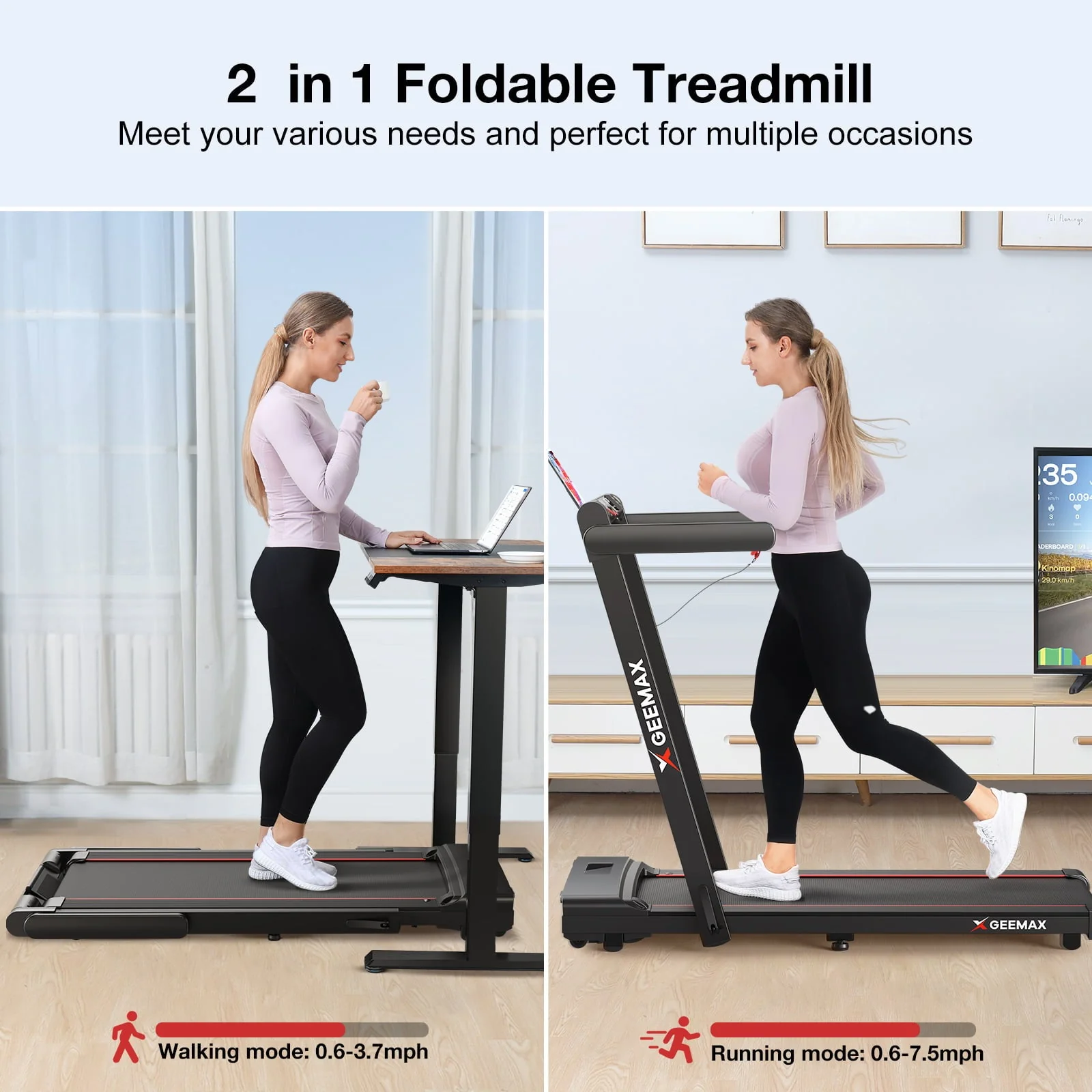GEEMAX 3.0HP 2 in 1 Dual Display Folding Treadmill Under Desk Treadmill W/APP and 12 Pre-Set Fitness Exercise Programs & Remote Control Electric Treadmill Jogging Machine , 265 lb Capacity 0.6-7.5MPH