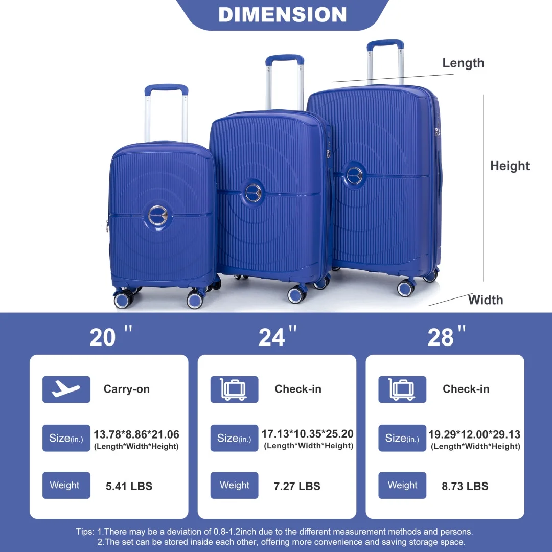3 Pieces Luggage Set (20/24/28), Expandable PP Lightweight Hardshell Durable Suitcase with 4 Double 360 Degrees Mute Spinner Wheels and TSA Lock for Men Women, Black