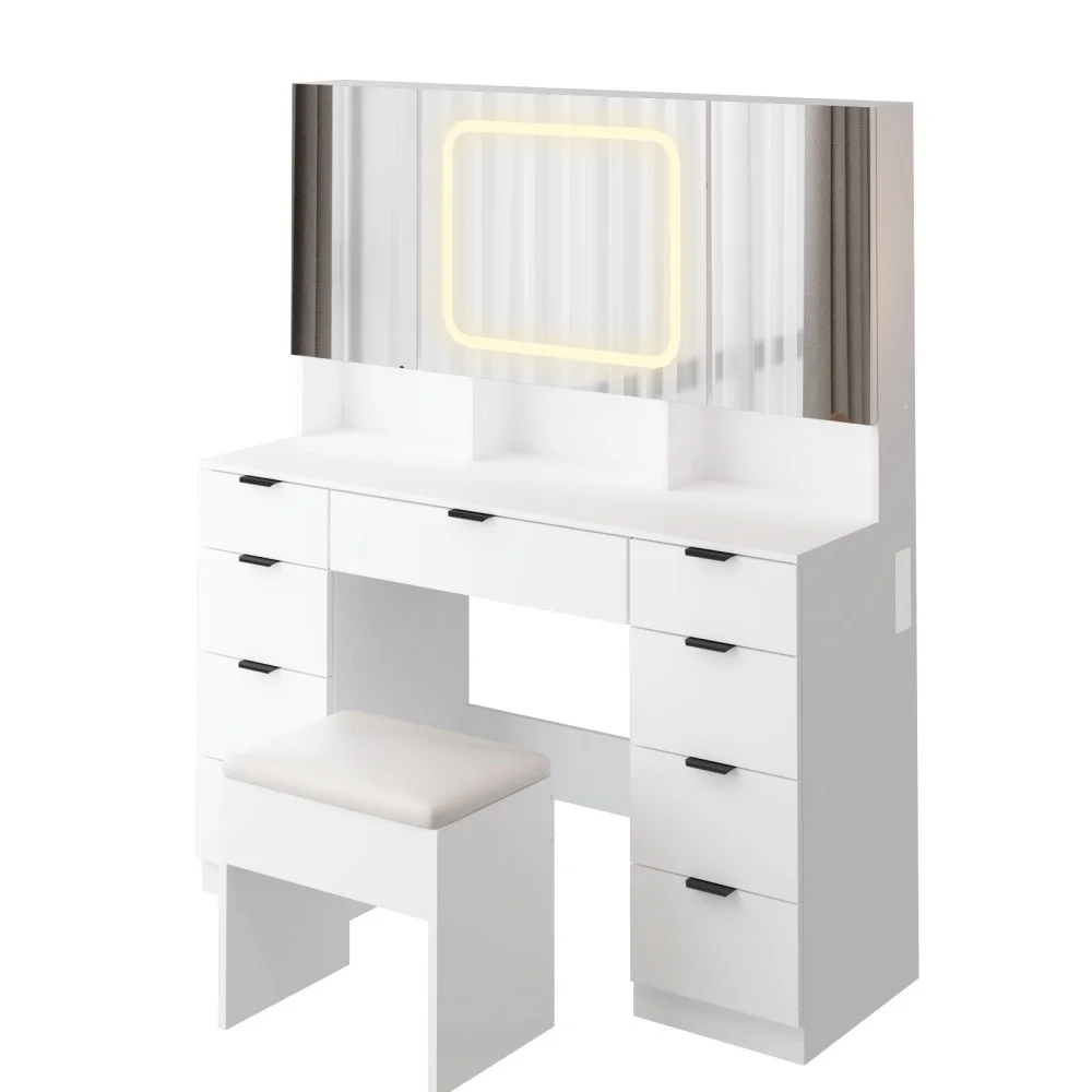 IVV Vanity Desk Set with Large LED Lighted Mirror & Power Outlet, Makeup Dressing Table with 9 Drawers and 3 Cabinets in Mirrored Doors, 47