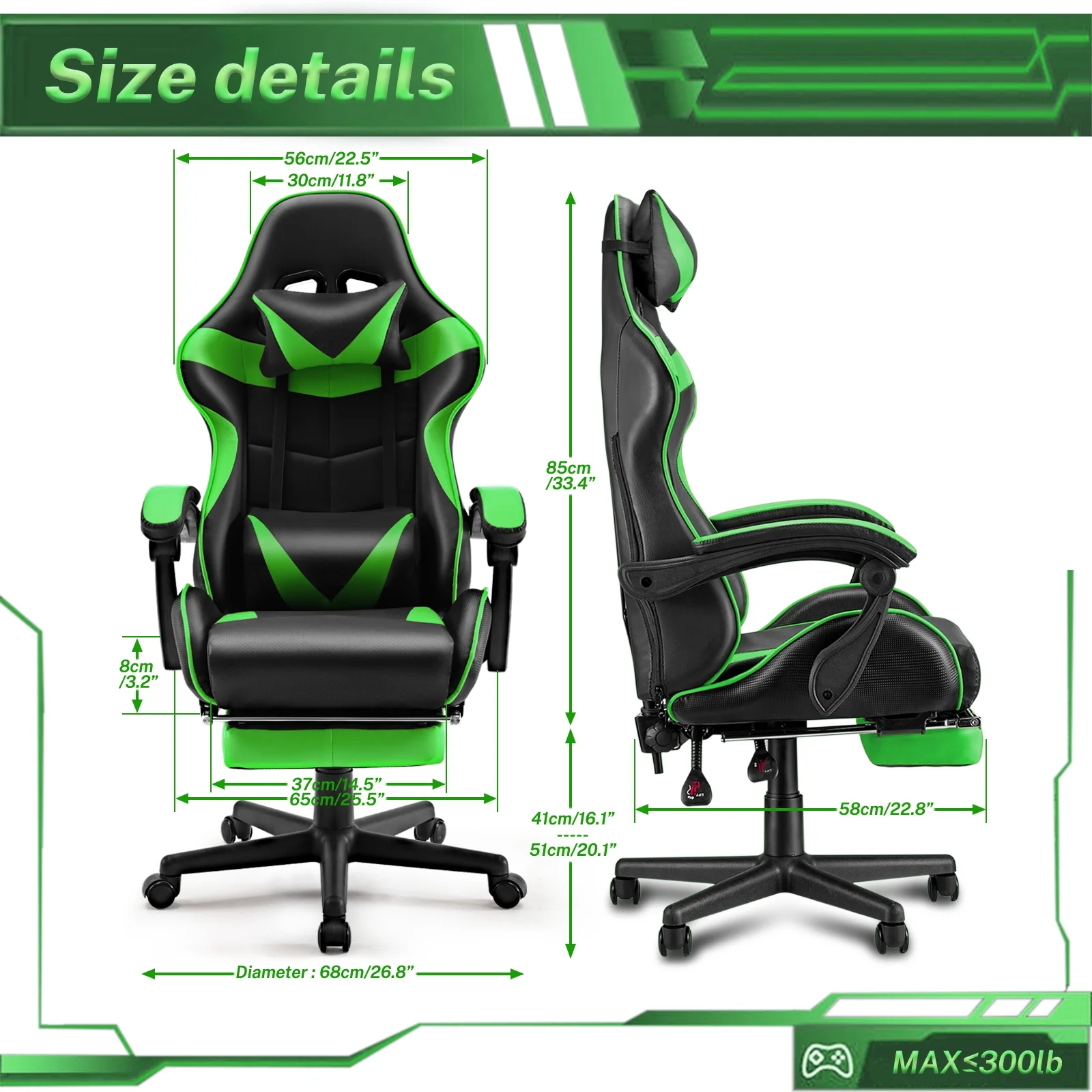 SOONTRANS Green Gaming Chair with Footrest, High Back Gamer Chair with Massage Lumbar Pillow, Gamer Computer Desk Chair (Green)