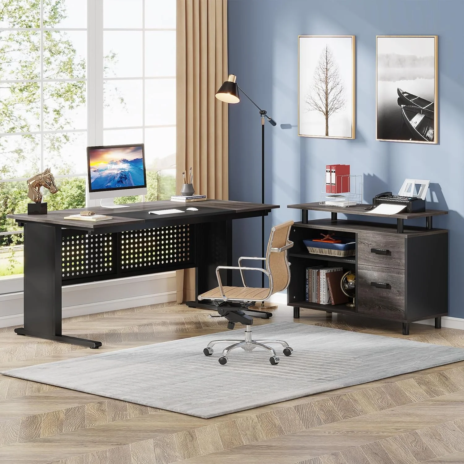 Tribesigns 63 Inch Executive Desk with File Cabinet, Large Office Desk L Shaped Computer Desk with Drawers and Storage Shelves, Business Furniture Desk Workstation for Home Office, Brown and Black