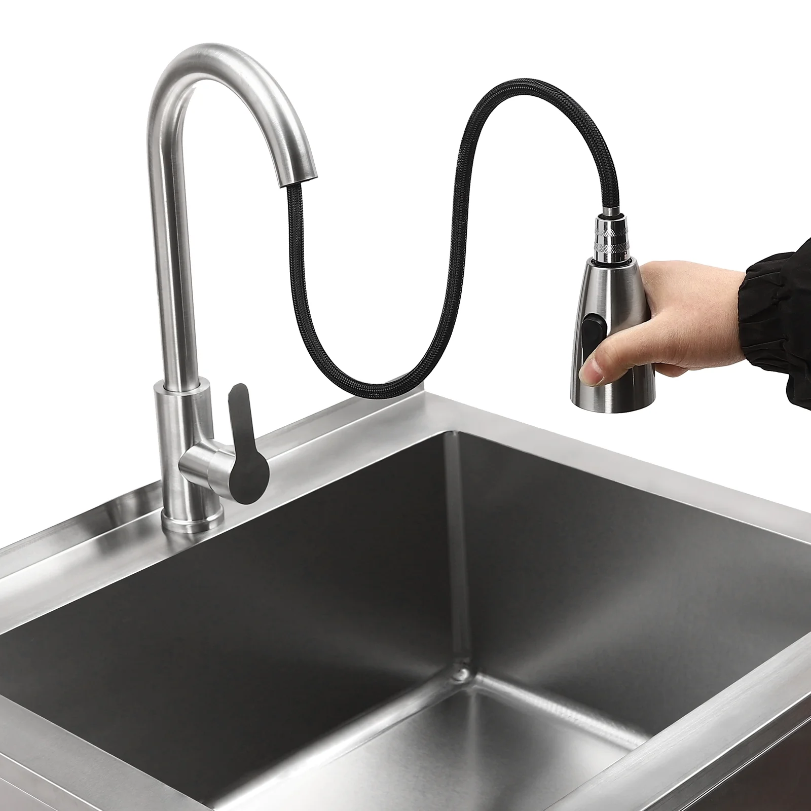 YIYIBYUS Commercial Utility Sink Stainless Steel Freestanding Single Bowl Laundry Sink with Pull-Out 360° Faucet, Adjustable Temperature, 63.5×56×87cm
