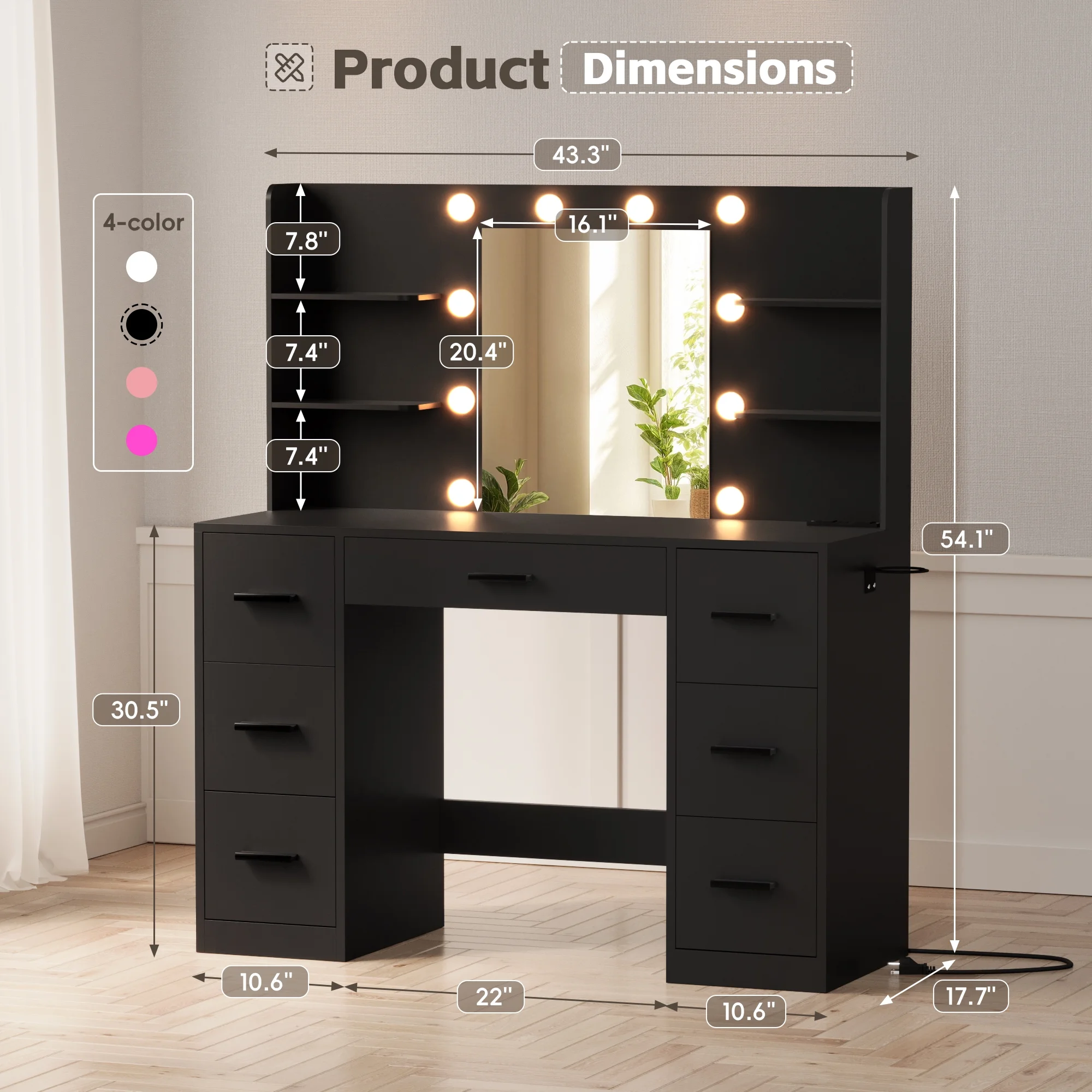 Lacoo Vanity Desk with Mirror and LED Lights, Makeup Vanity with 7 Drawers & 4 Shelves, Vanity Table with Power Outlet for Bedroom Dressing Room, White