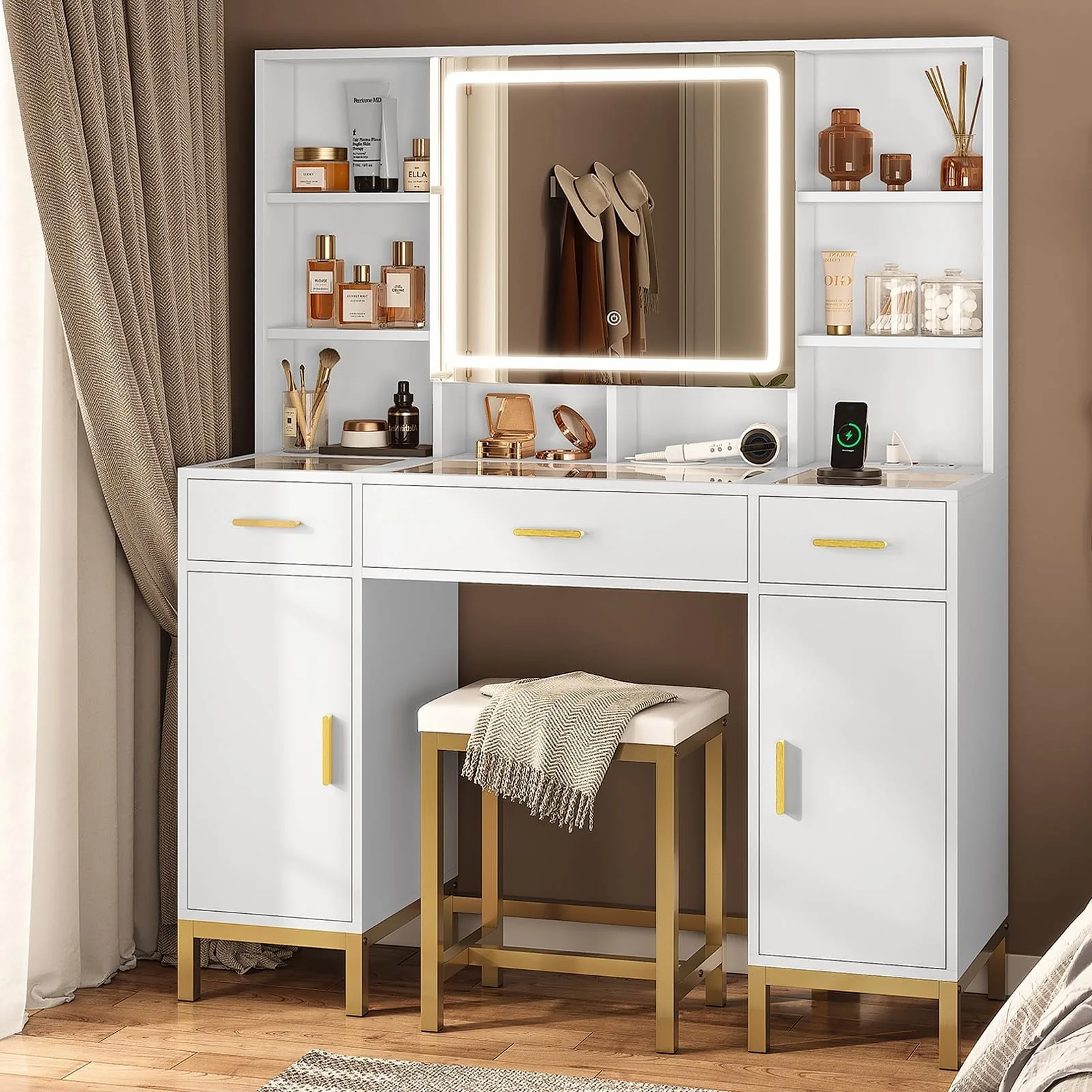 White Vanity Set Desk Table with 10 LED Lights & Charging Station & Sliding Mirror, Modern Makeup Vanity Desk Dressing Table with 5 Drawers for Bedroom, 10 LED Light Bulbs