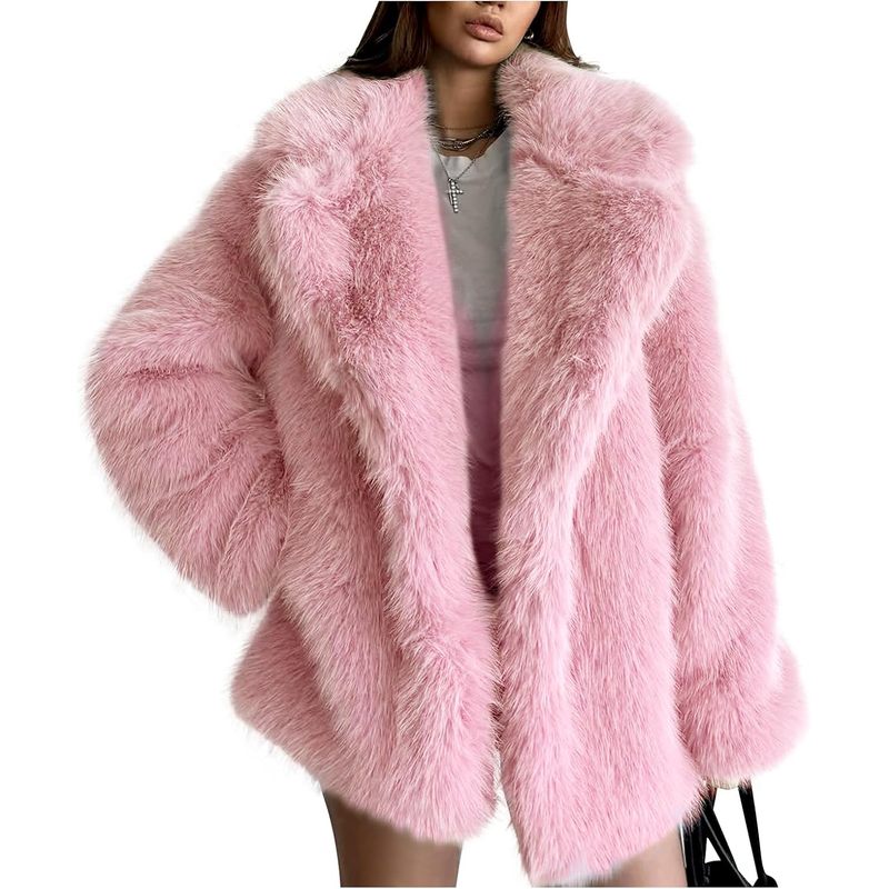 Women Faux Fur Coat Lapel Warm Open Front Winter Outerwear