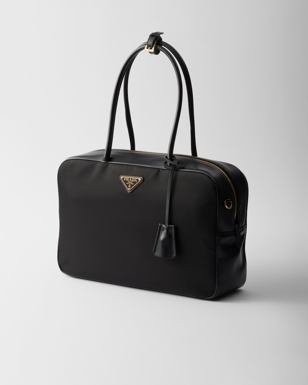 Large Re-Nylon and Leather Top-Handle Bag With Padlock