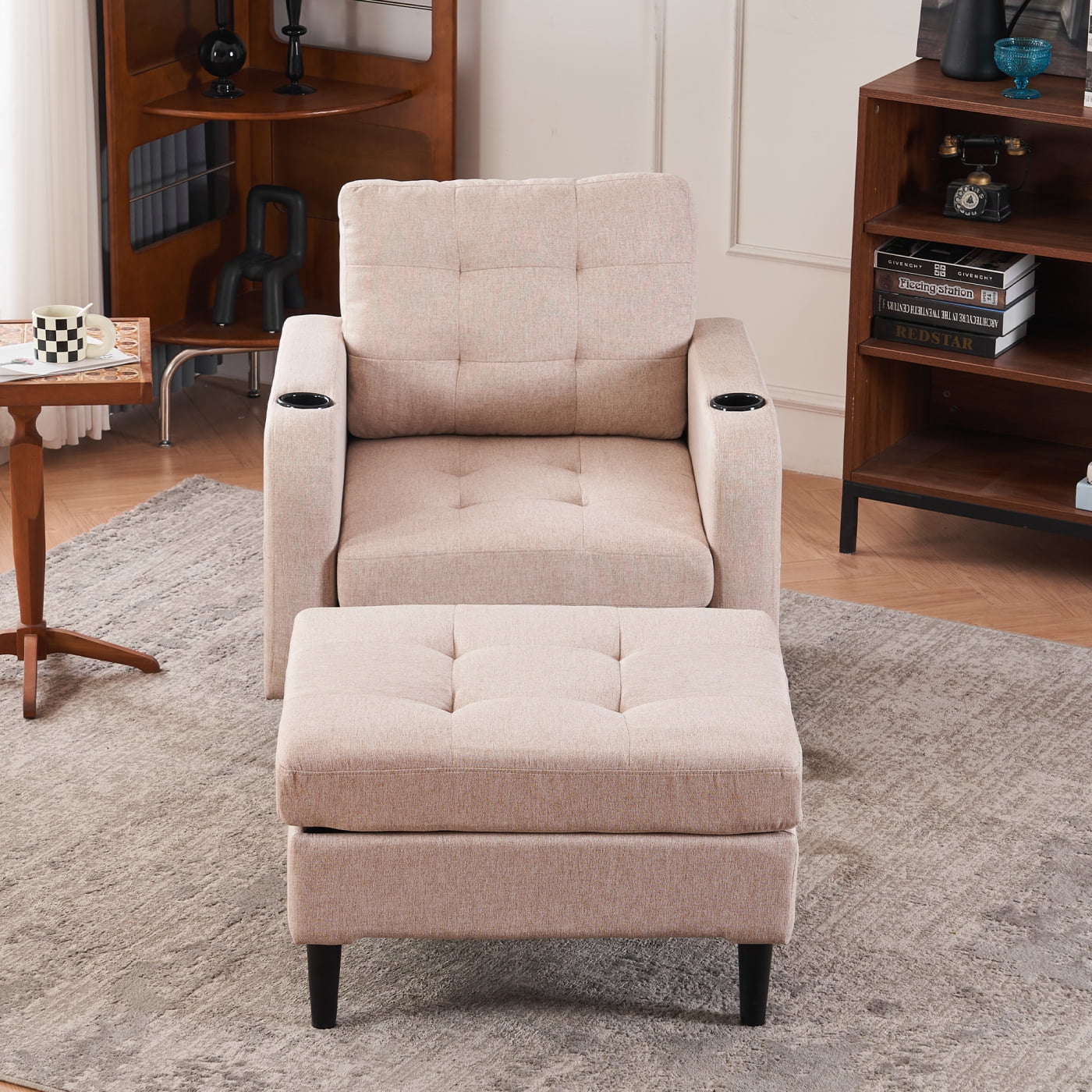 Accent Chair with Ottoman, Upholstered Button Tufted Armchair with Solid Wood Legs & Cup Holder, Reading Chair with Side Pockets for Bedroom Living Room, Beige
