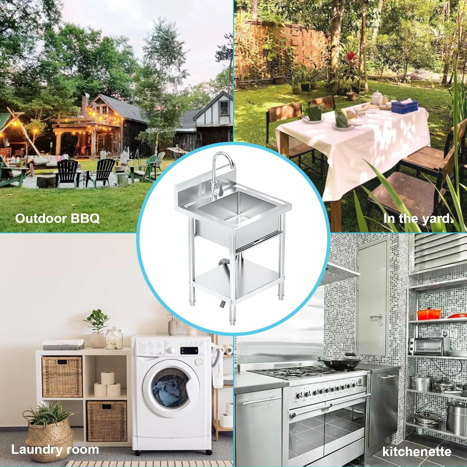 Utility Sink Freestanding Single Bowl Laundry Sink with Shelf board Hot and Cold Water Plumbing Stainless Steel Sink for Restaurant, Laundry Room, Garage, Commercial Kitchen