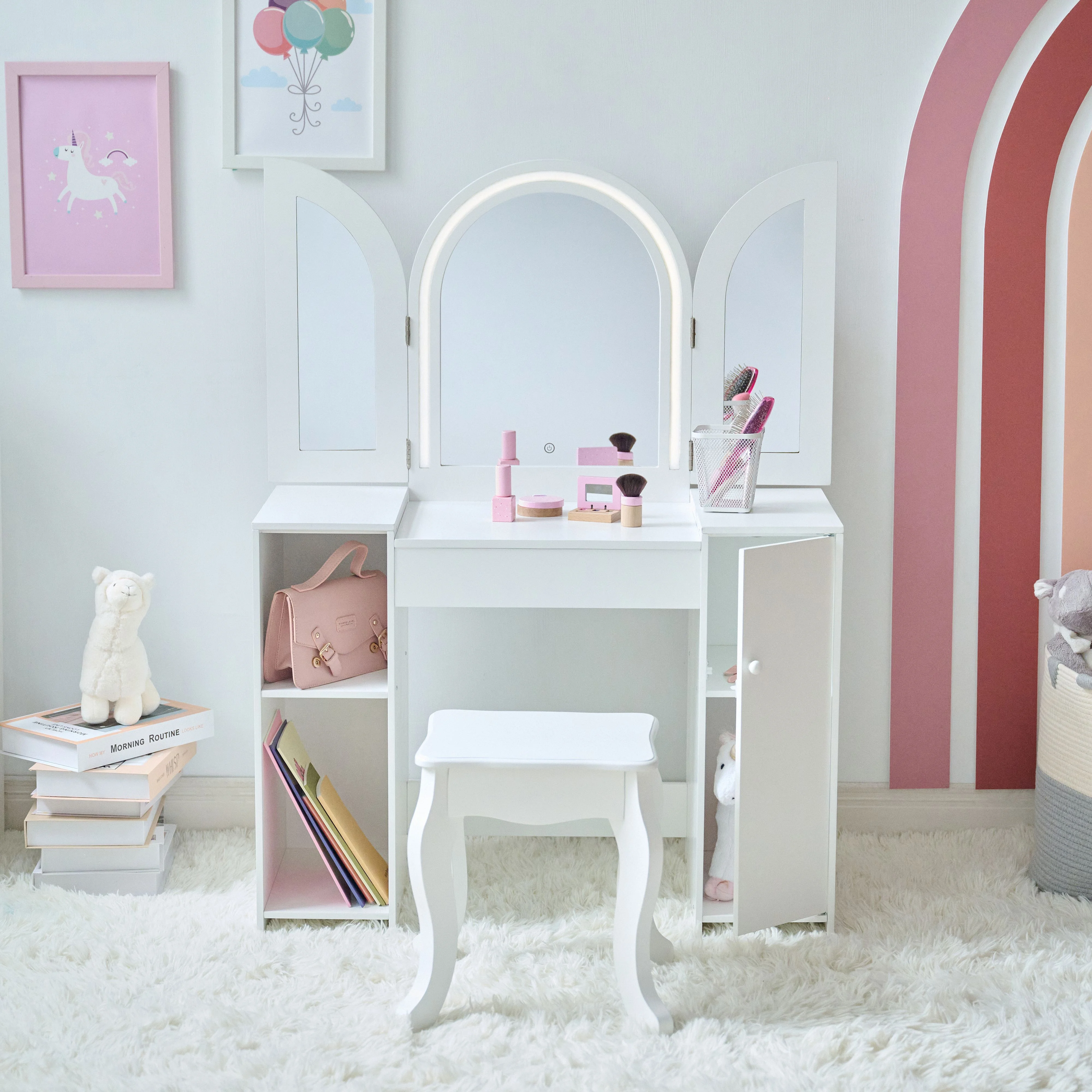 Teamson Kids 2-in-1 Wooden Vanity and Desk with LED Lights, Mirror & Stool �C Dual Purpose Play Makeup Vanity and Desk, Pretend Play for Girls Ages 3+