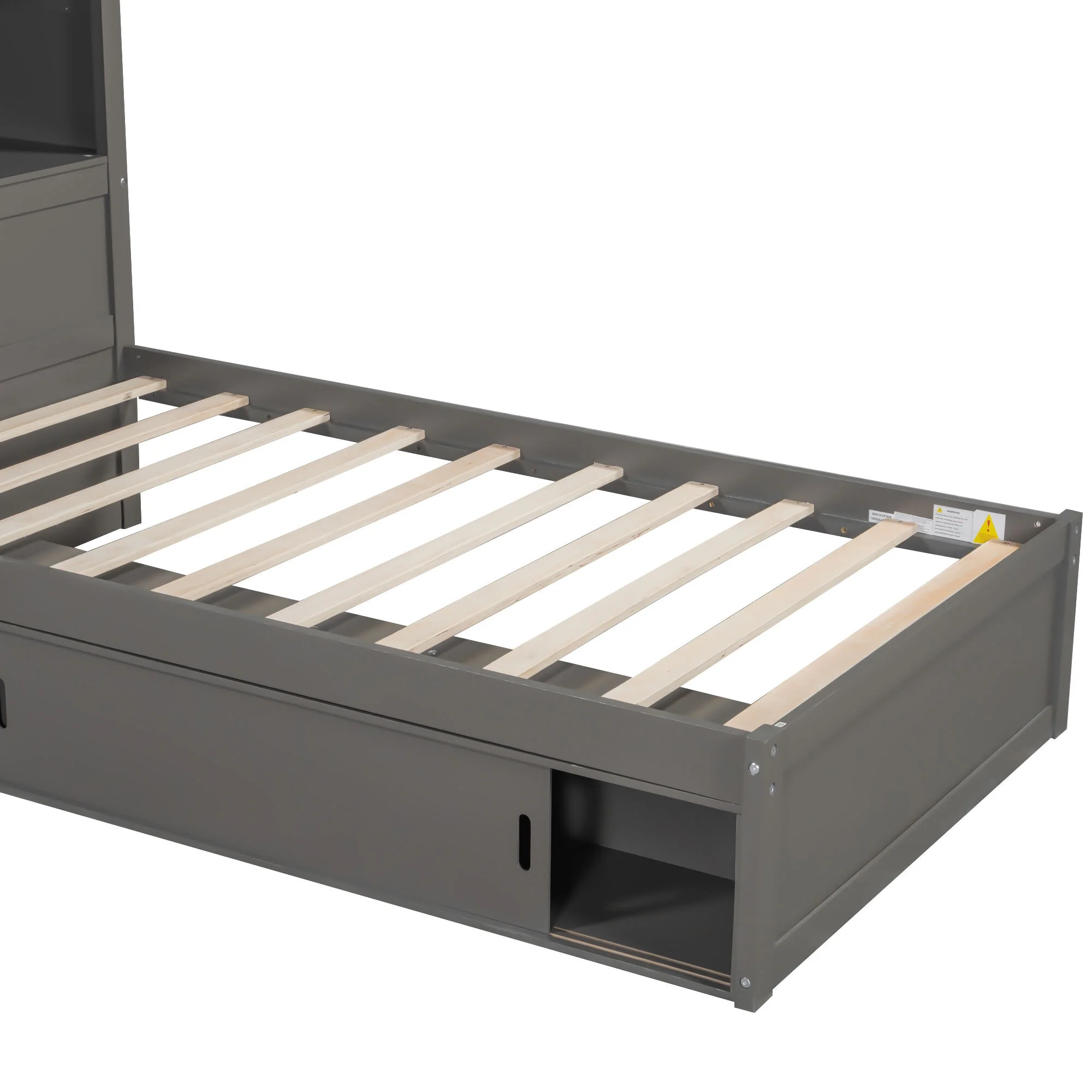 Euroco Pine Wood L-Shaped Twin Platform Bed with Storage Desk, Cabinets, Trundle and LED Light for Kids Teens, Gray