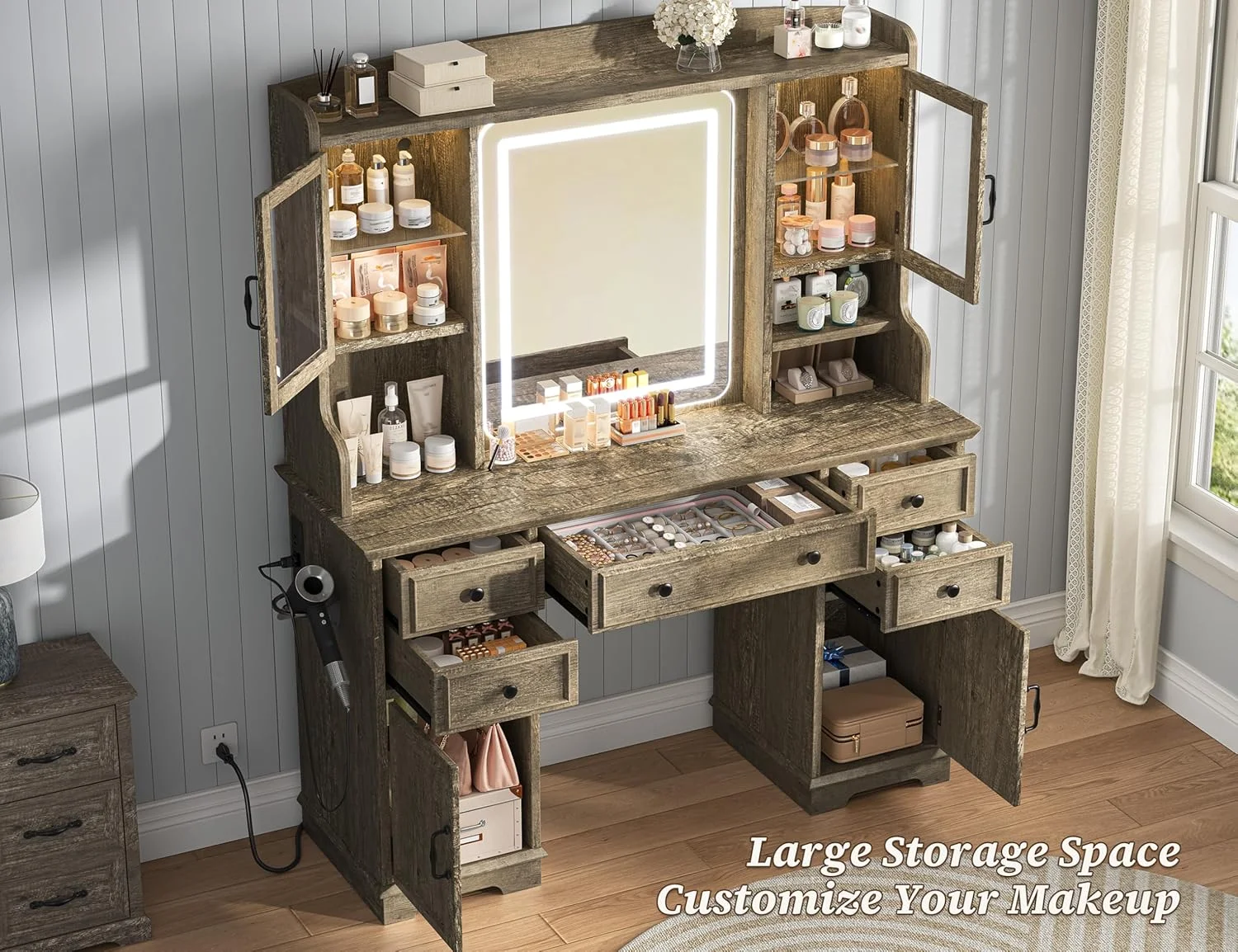 EnHomee Farmhouse Vanity Desk with Mirror and Lights White Vanity with Lighted Mirror Makeup Vanity Set with RGB Cabinets and Storage Drawers