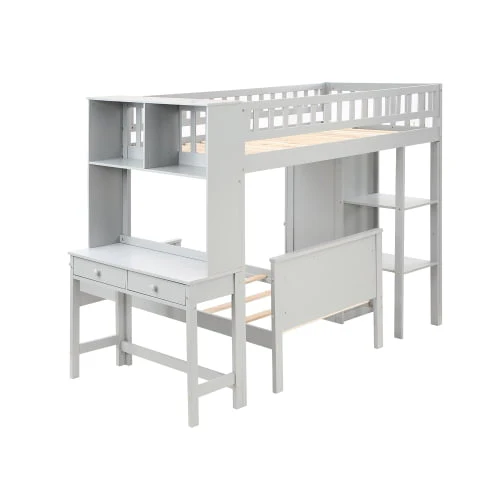 Twin Loft Bed with Closet & Desk, Wood Bed Frame with Movable Bed, Bunk Bed for Kids Adult, Gray