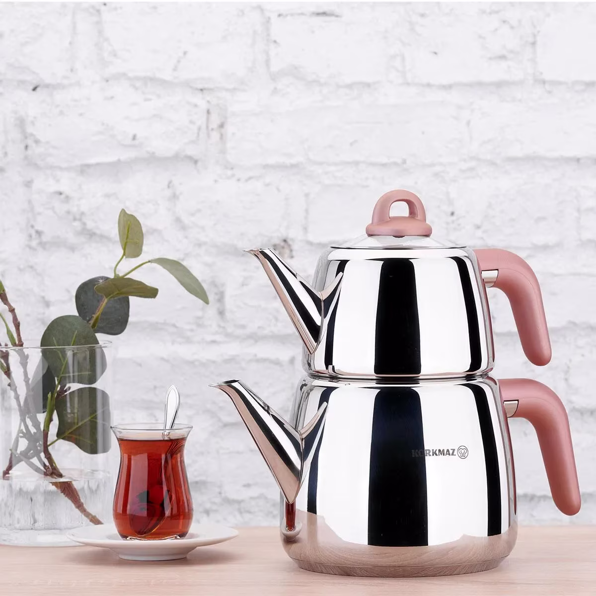 Korkmaz A045 Bella Nora Turkish Teapot Set for Stovetop,  18/10 Stainless Steel Double Tea Maker with Bakalite Handles, Samovar Style Tea Kettle with 33.9 Oz ( 1000ml) & 67.7 Oz (2000ml)