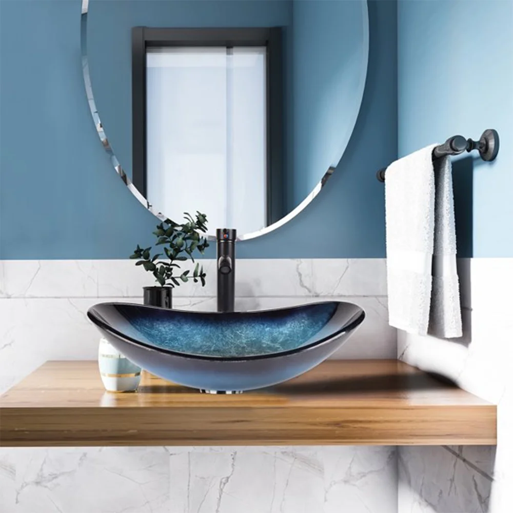 PULUOMIS Vessel Sink and Faucet Combo Bath Sinks with Mounting Ring and Pop Up Drain Round Bowl Basin Brown