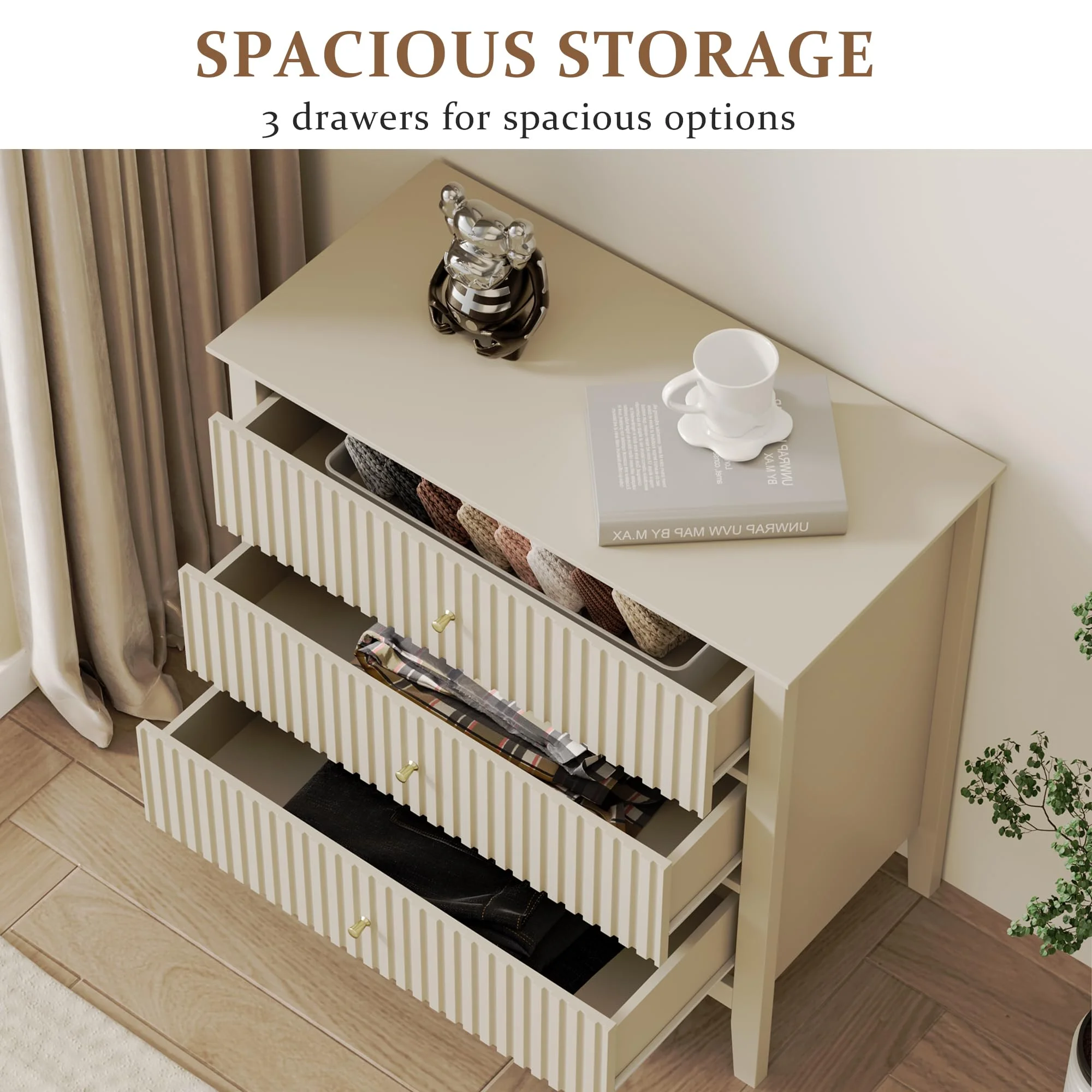 May Color Large White 3 Drawer Dresser Set of 2 with Fluted Panel, Modern Chest of Drawers with Silent Slide Drawers, Wood Accent Nightstand with Storage for Bedroom Living Room, Hallway