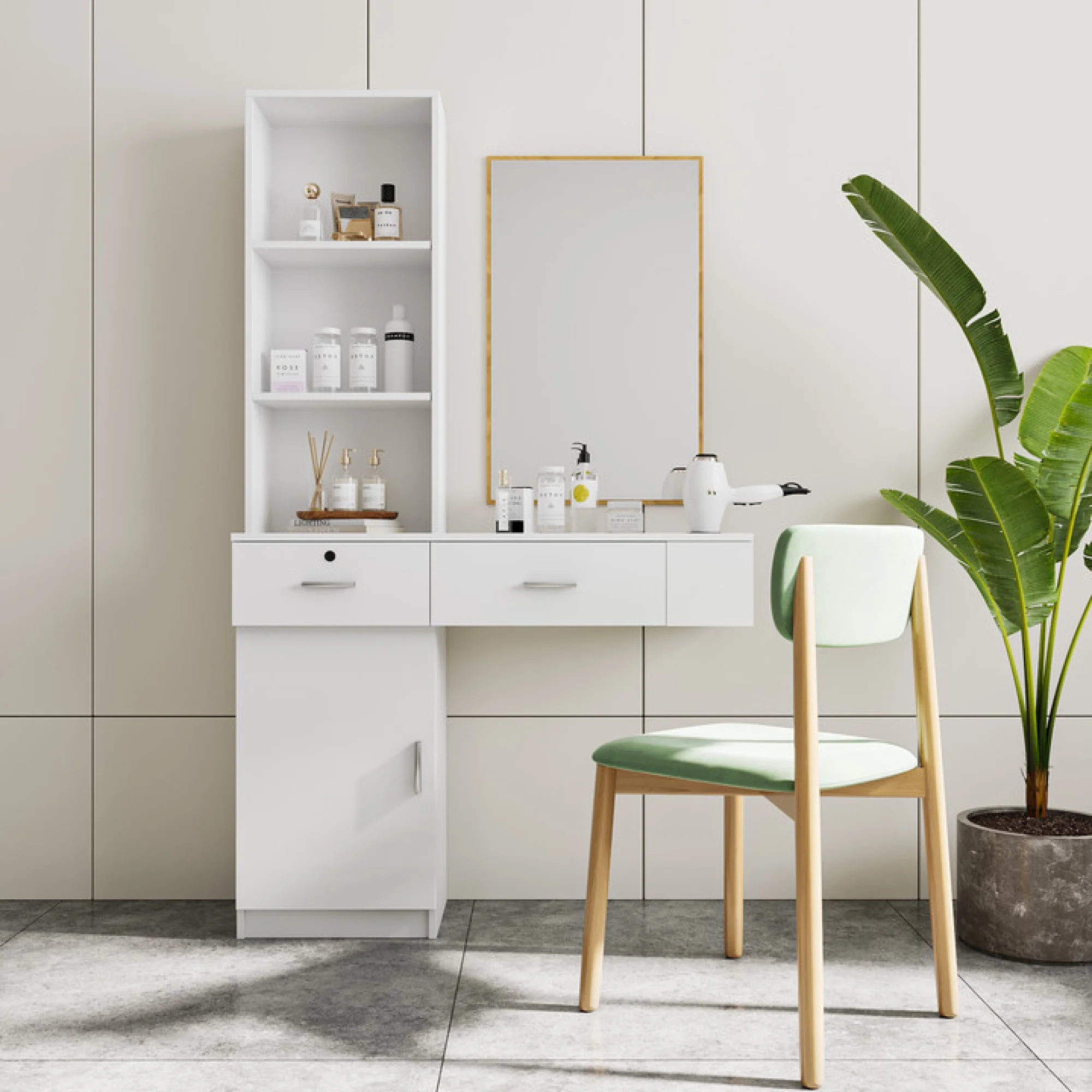Modern Vanity Desk with Lights Makeup Vanity Dressing with Mirror Large Storage Space White
