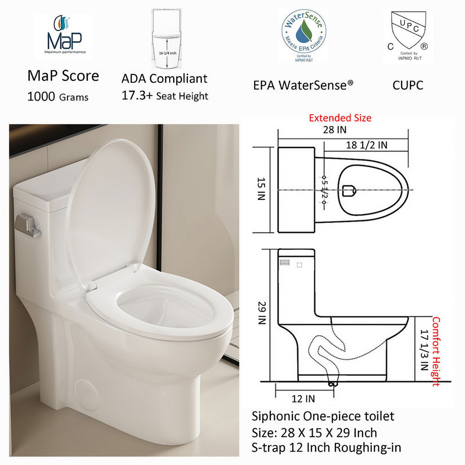 Albriya Modern One Piece Toilet with Soft Close Seat , Elongated Toilet with Comfort Seat Height, ADA Chair Height 17.32