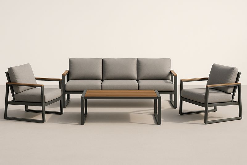 Set Divano da Esterno in Legno e Alluminio con Cuscini Grigi