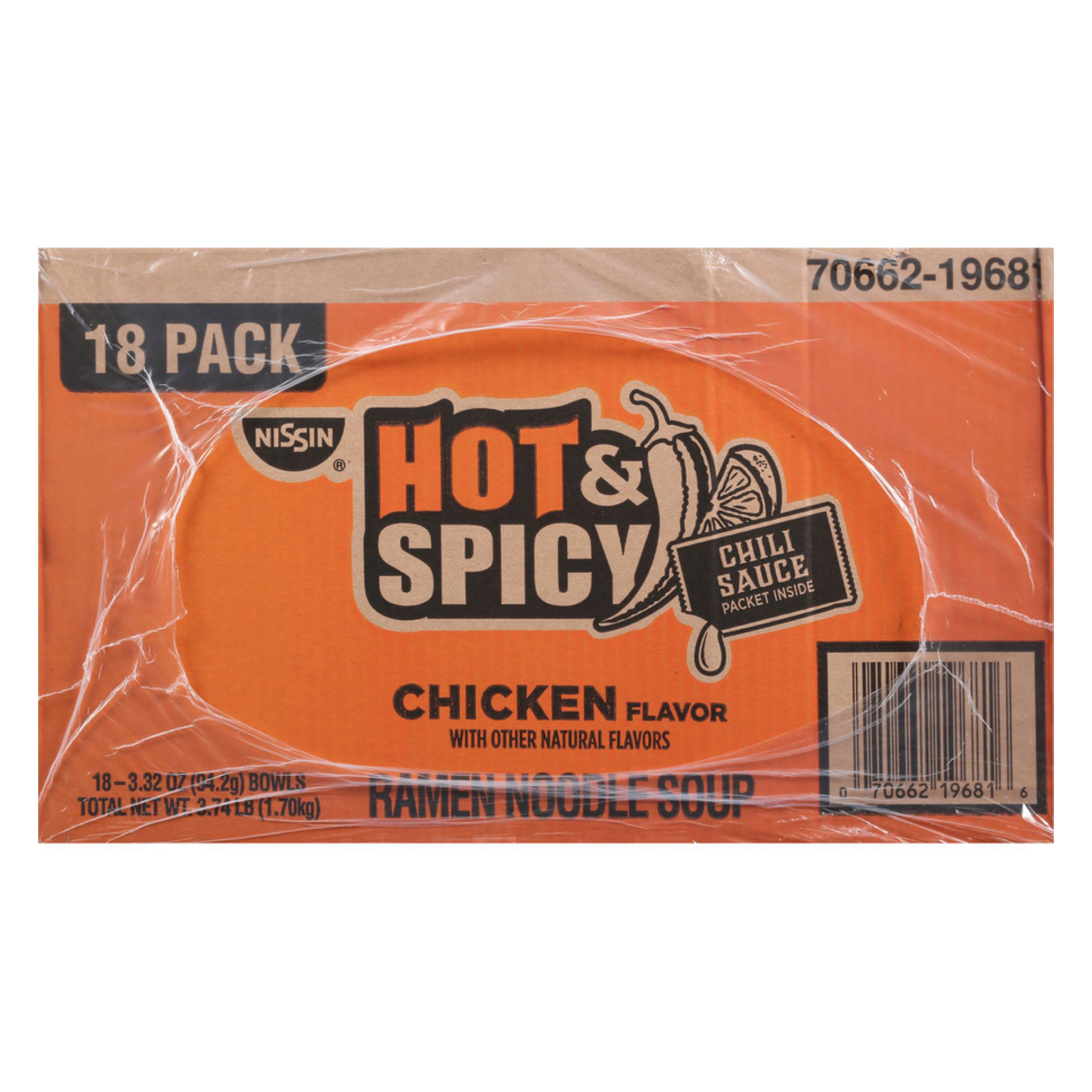 Nissin, Hot & Spicy Noodle Bowl, Chicken, 3.32 oz, 18-Count