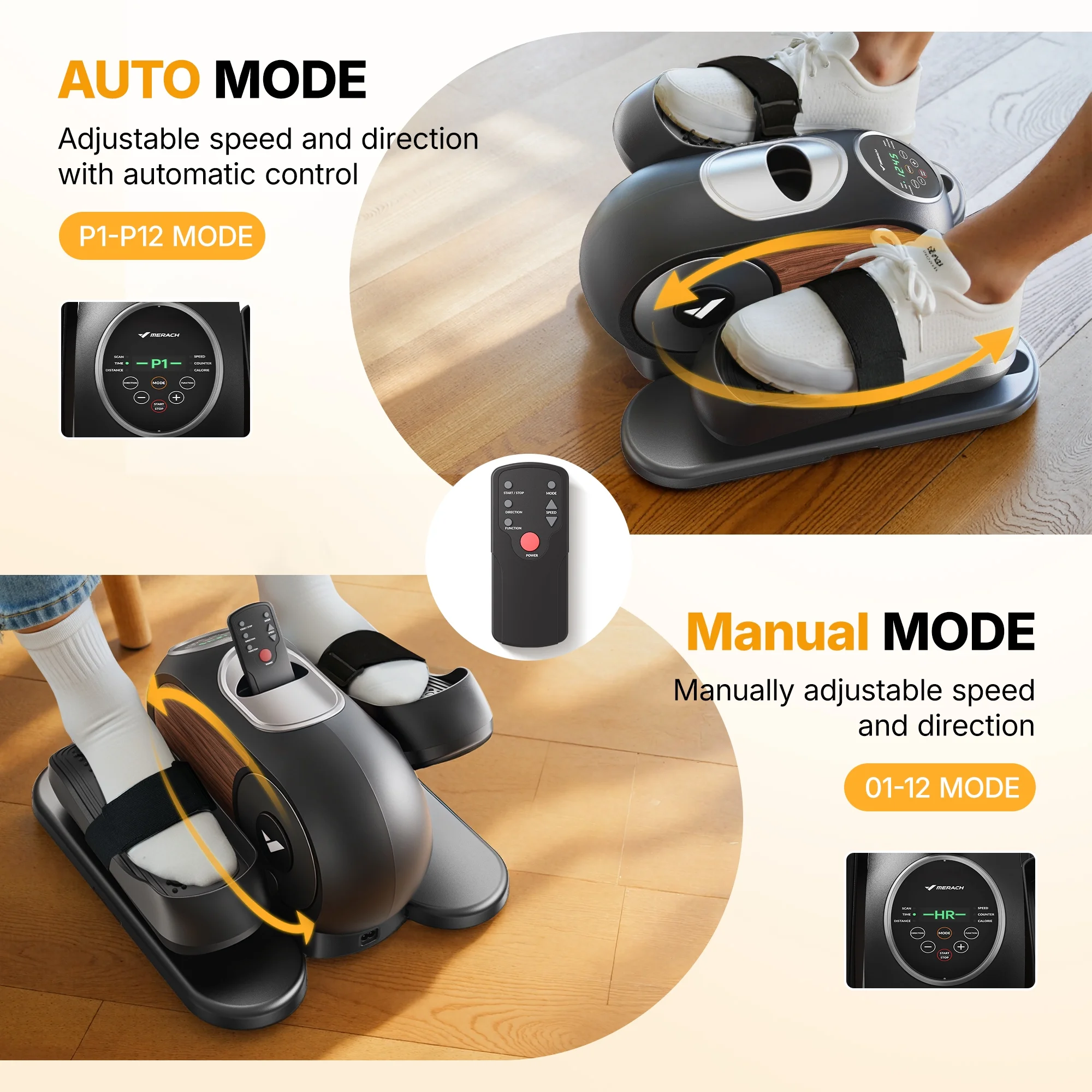 MERACH Under Desk Elliptical Machine, 12 Adjustable Speeds Quiet, LCD Monitor, Portable Fitness Equipment Gift for Family with Resistance Bands