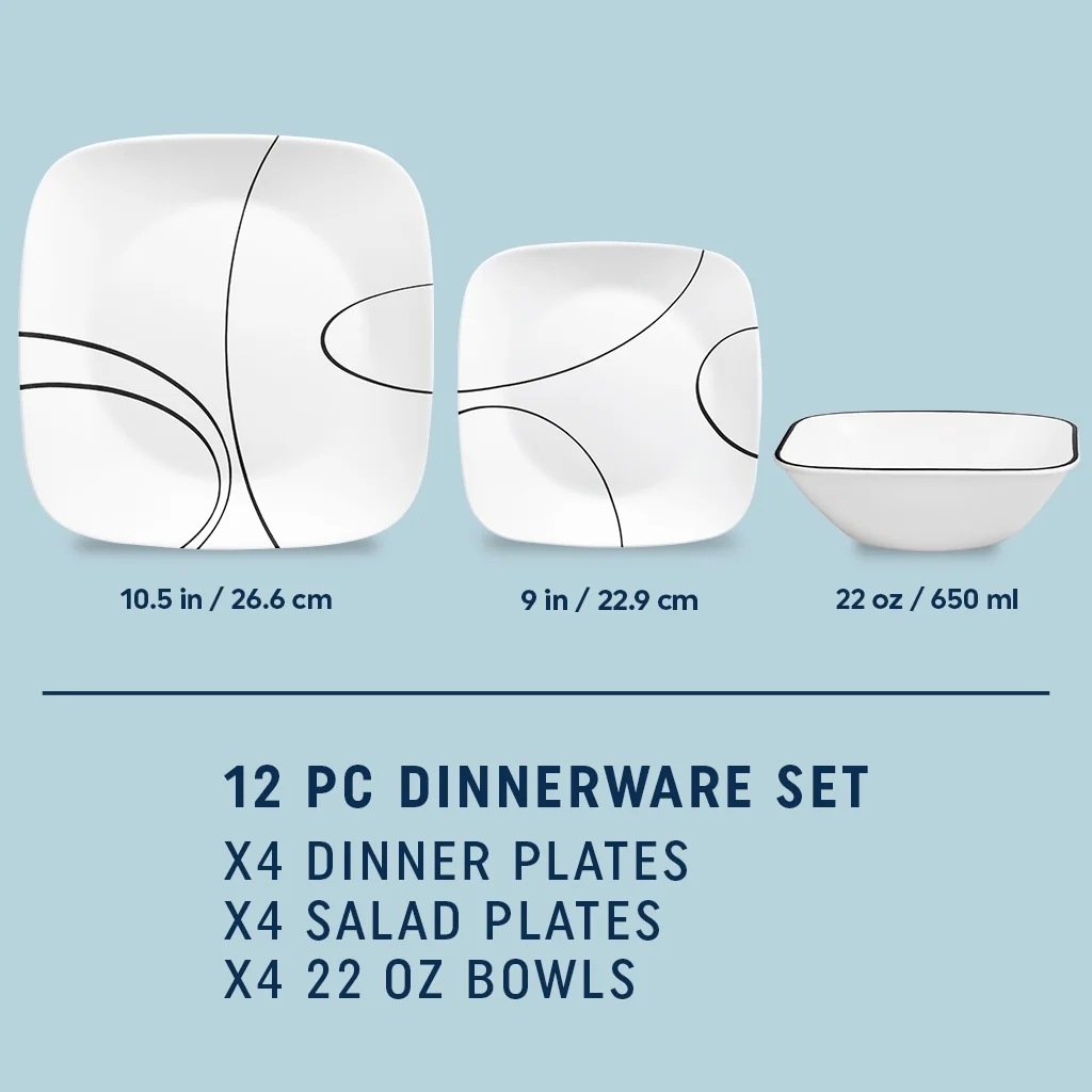 Corelle Simple Lines 12-Piece Square Glass Dinnerware Set (Service for 4)