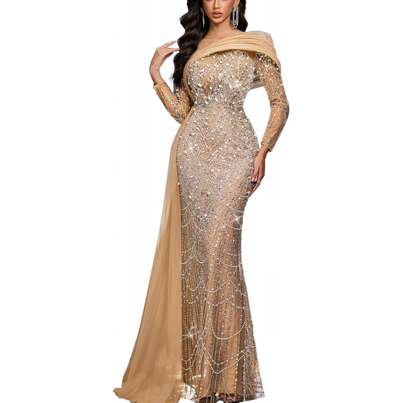 Women Sequin Beaded Mermaid Formal Evening Gown