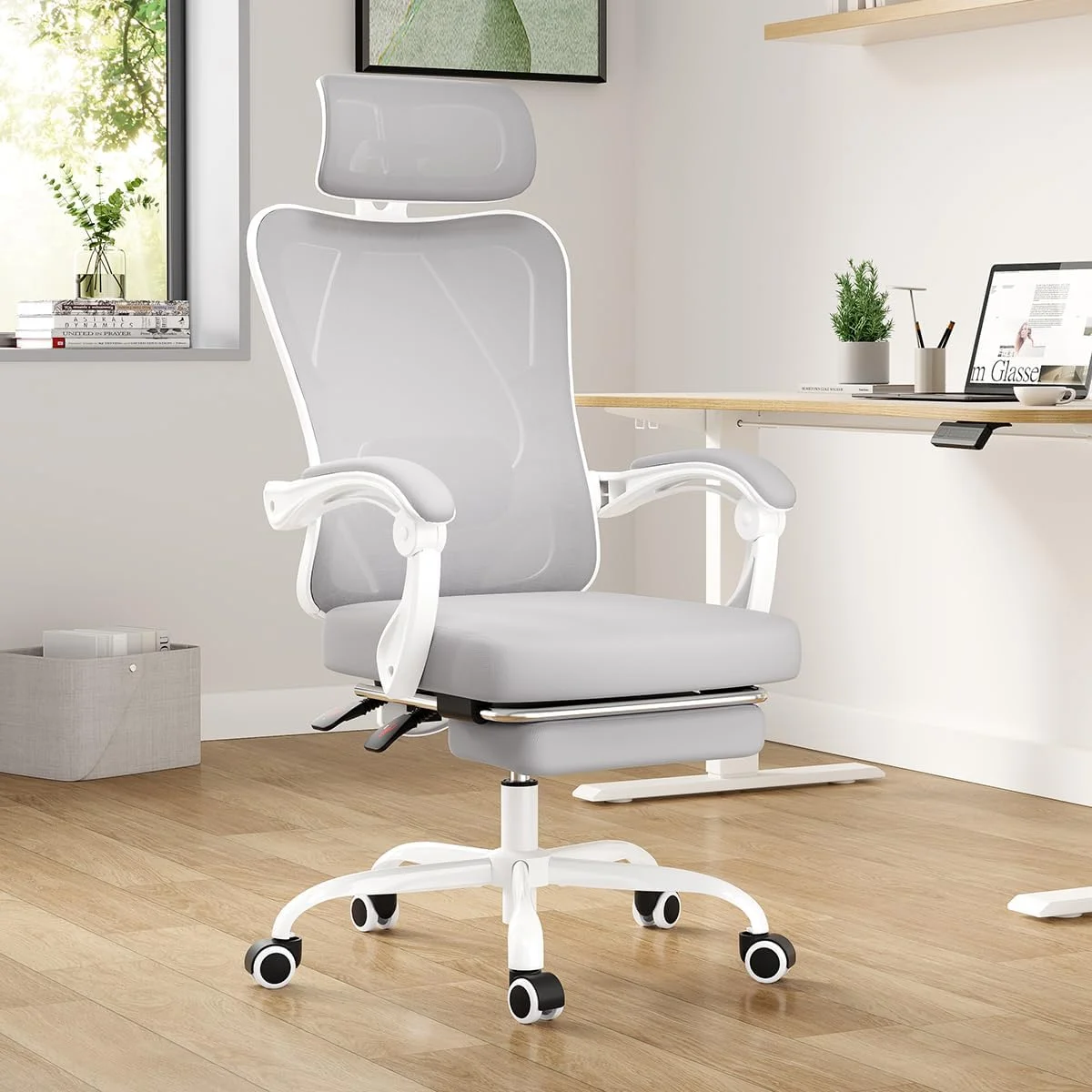 STARY Ergonomic Office Chair with Footrest, High Back Mesh Desk Chair with Adjustable Headrest & Lumbar Support, Comfortable Computer Chair for Home Office Study, White & Beige