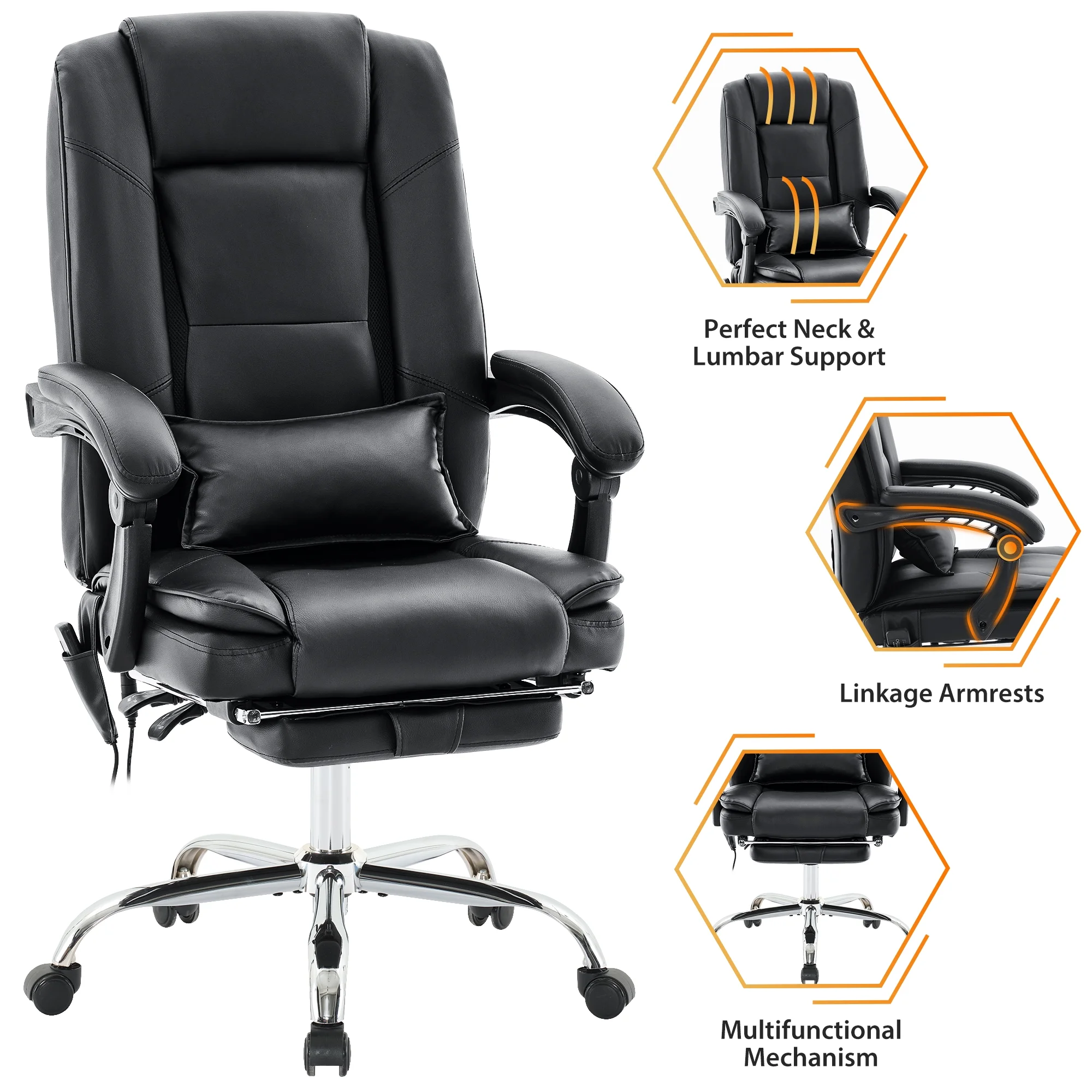 JONPONY Big and Tall Office Chair 500LBS Executive Office Chair Massage and Footrest Ergonomic Computer Desk Chair Reclining High Back Leather Office Chair Lumbar Back Support Swivel Rolling,Black