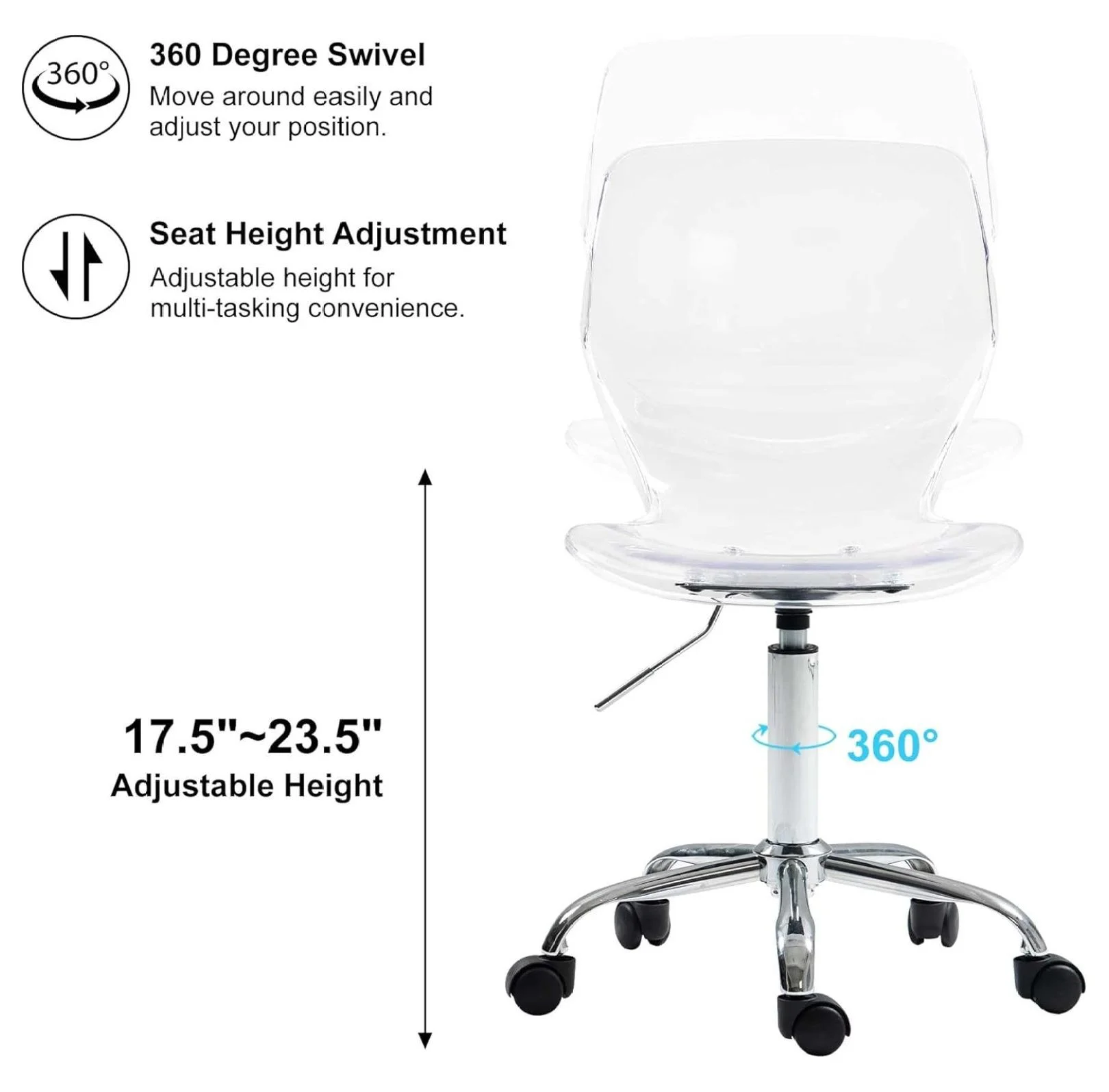Echoworld Clear Rolling Chair, Armless Desk Chair with Golden Feet Swivel Molded Plastic Shell Adjustable Home Office Chair with Wheels, Clear
