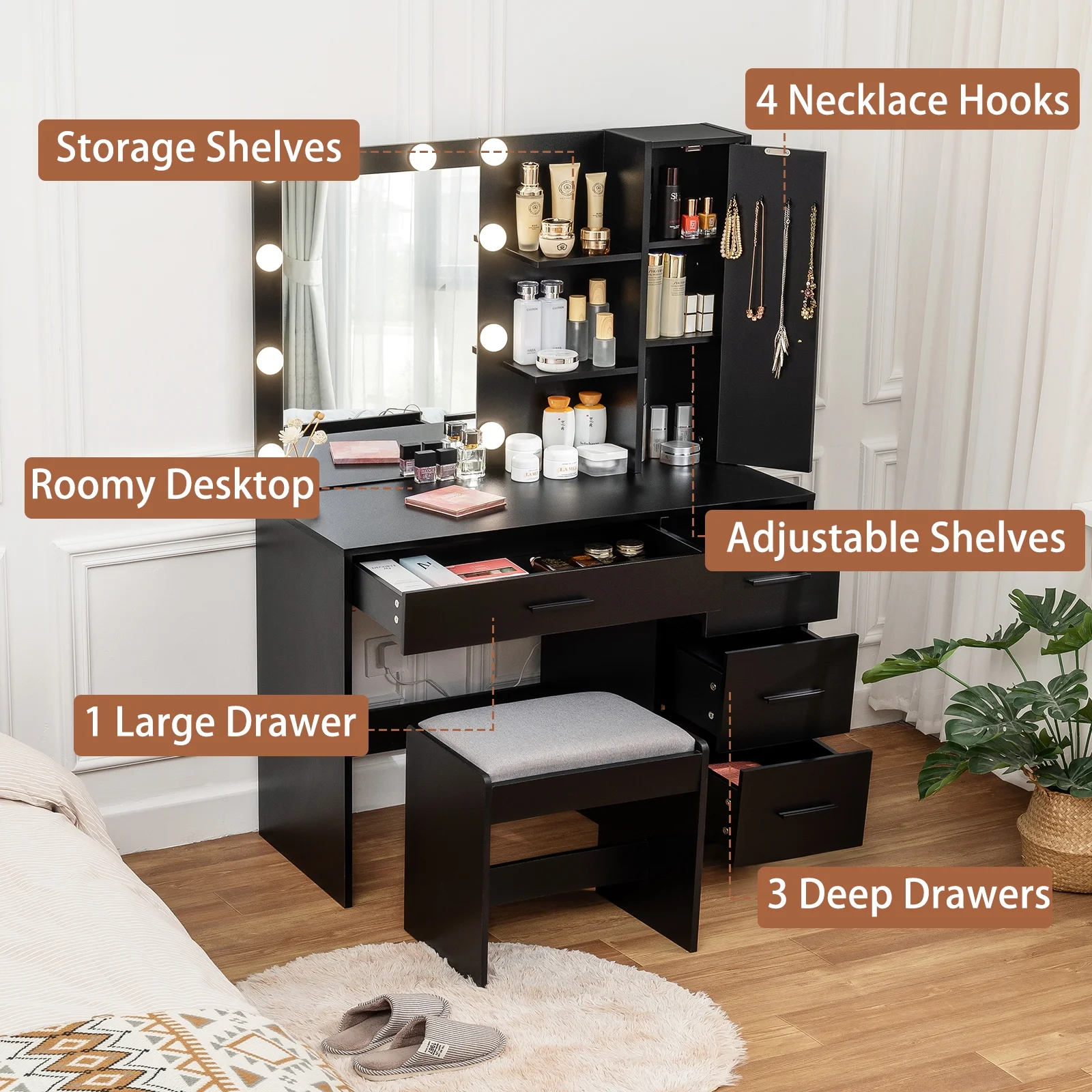 USIKEY LED Lights Mirror Vanity Desk Drawers Shelves Table Set Black