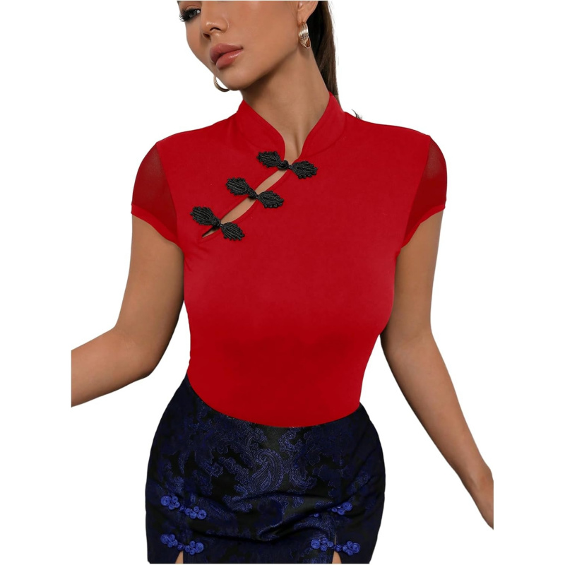 Women's Short Sleeve Stand Collar Slim Fit Tee Shirt Cheongsam Tops