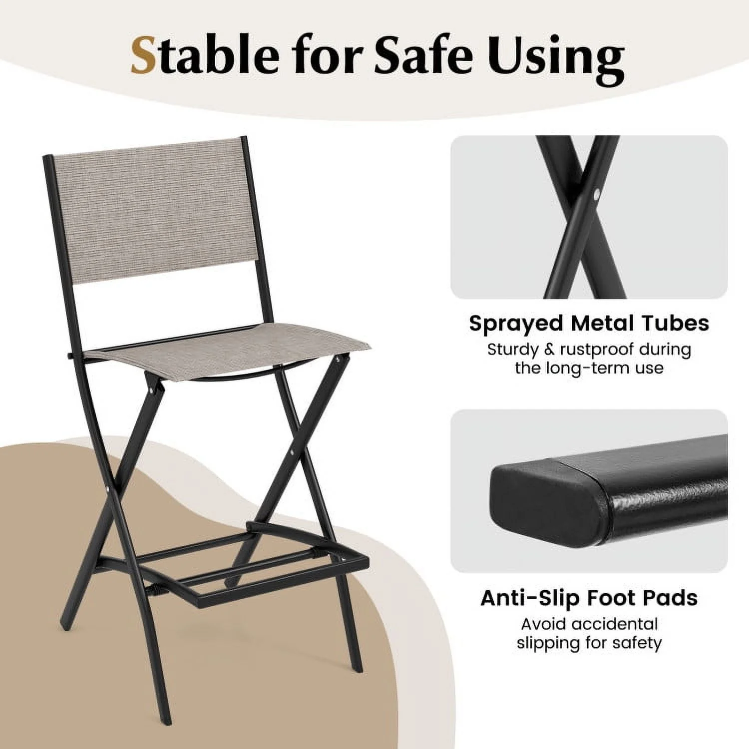 Spaco Outdoor Folding Bar Height Stool Set of 4 with Metal Frame and Footrest-Coffee, Outdoor Stackable Dining Chairs for All Weather, Breathable Garden Outdoor Furniture for Backyard Deck