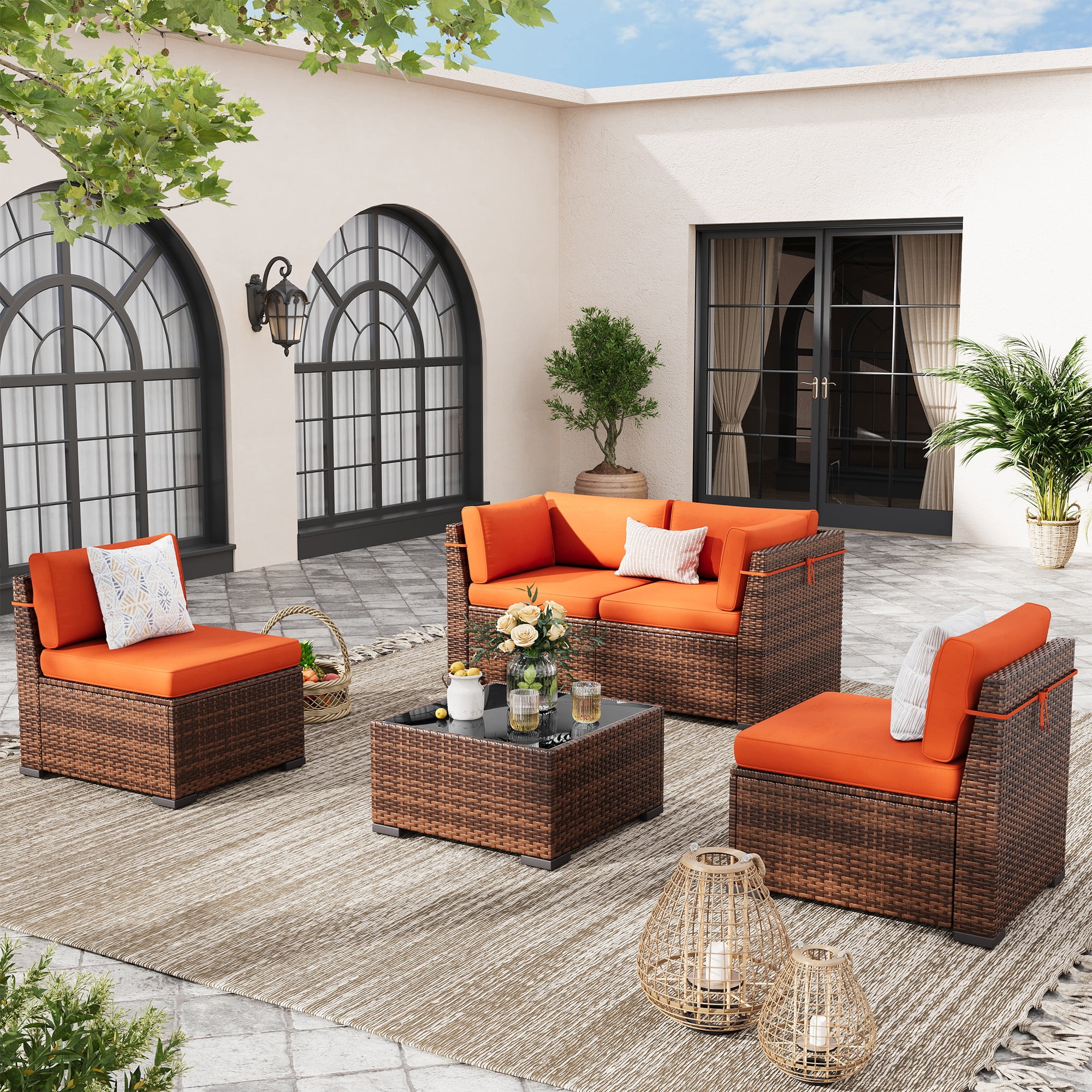 Poteban 7 Pieces Outdoor Sectional Sofa Set , PE Wicker Rattan Slanted Back Outdoor Conversation with Cushions and Glass Coffee Table for Backyard Garden, Dark Gray