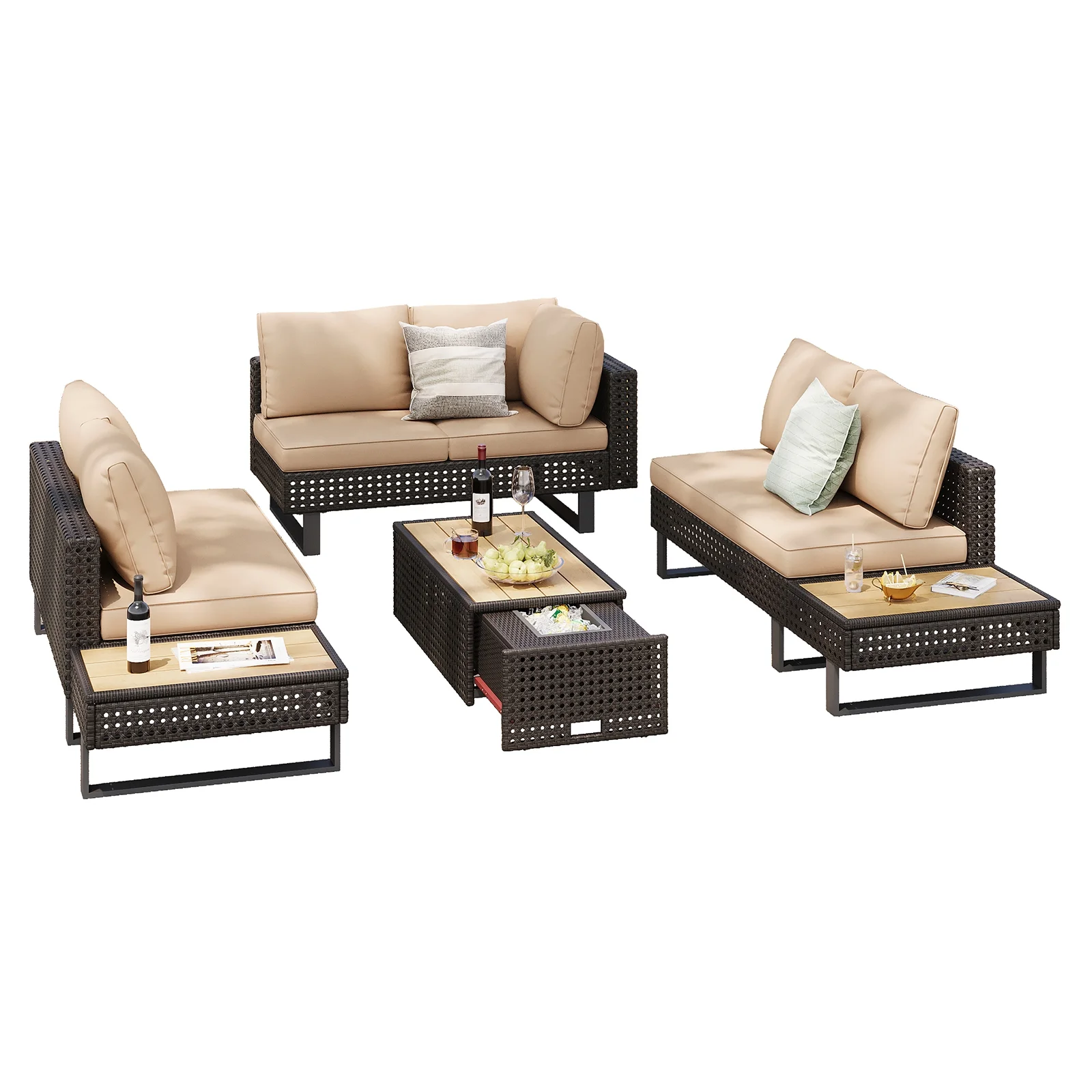 6-Piece Outdoor Sectional Furniture Set for Patio, Expandable Coffee Table w/ Ice Bucket & Collapsible Seat, Deep Cushions - Khaki