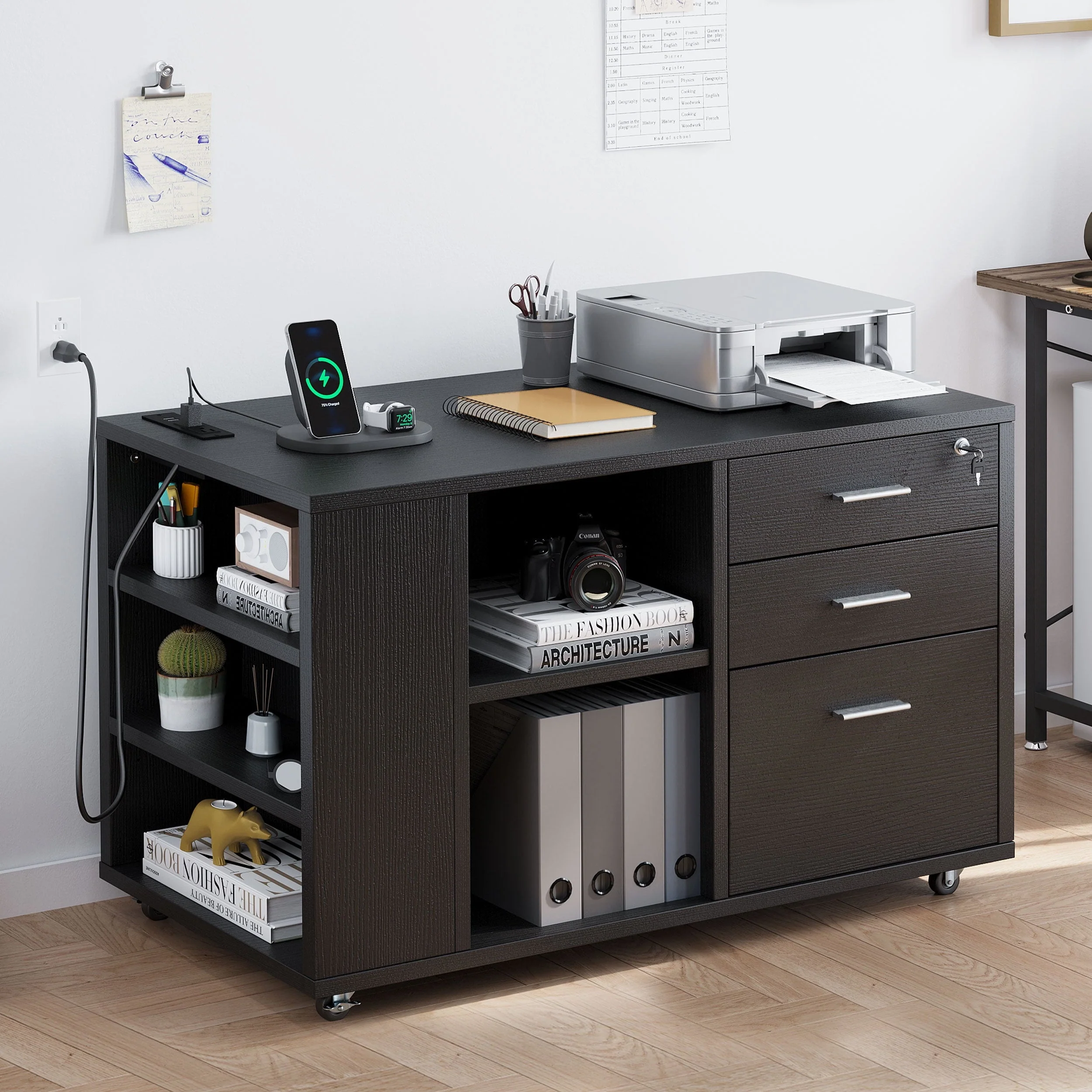 Dextrus File Cabinet with Charging Station, Mobile Lateral Filing Cabinet with Lock for Home Office, Printer Stand with Open Storage Shelf, Fits A4, Letter, Legal Size Files, Office Furniture, Black