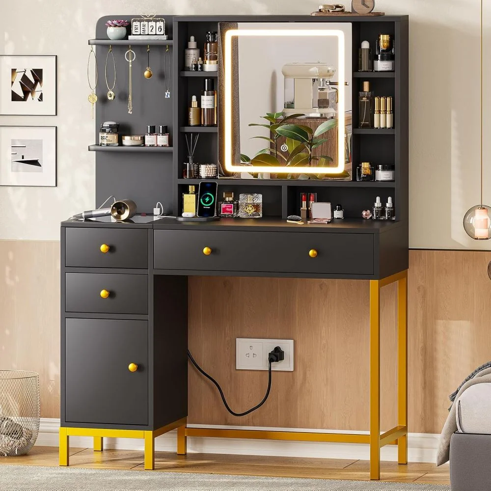 AOGLLATI Makeup Vanity with Lights in 3 Colors, White Vanity Desk with Mirror and Lights, Vanity Table with Charging Station, Makeup Desk with Visible Drawers, Hidden and Open Storage Shelves