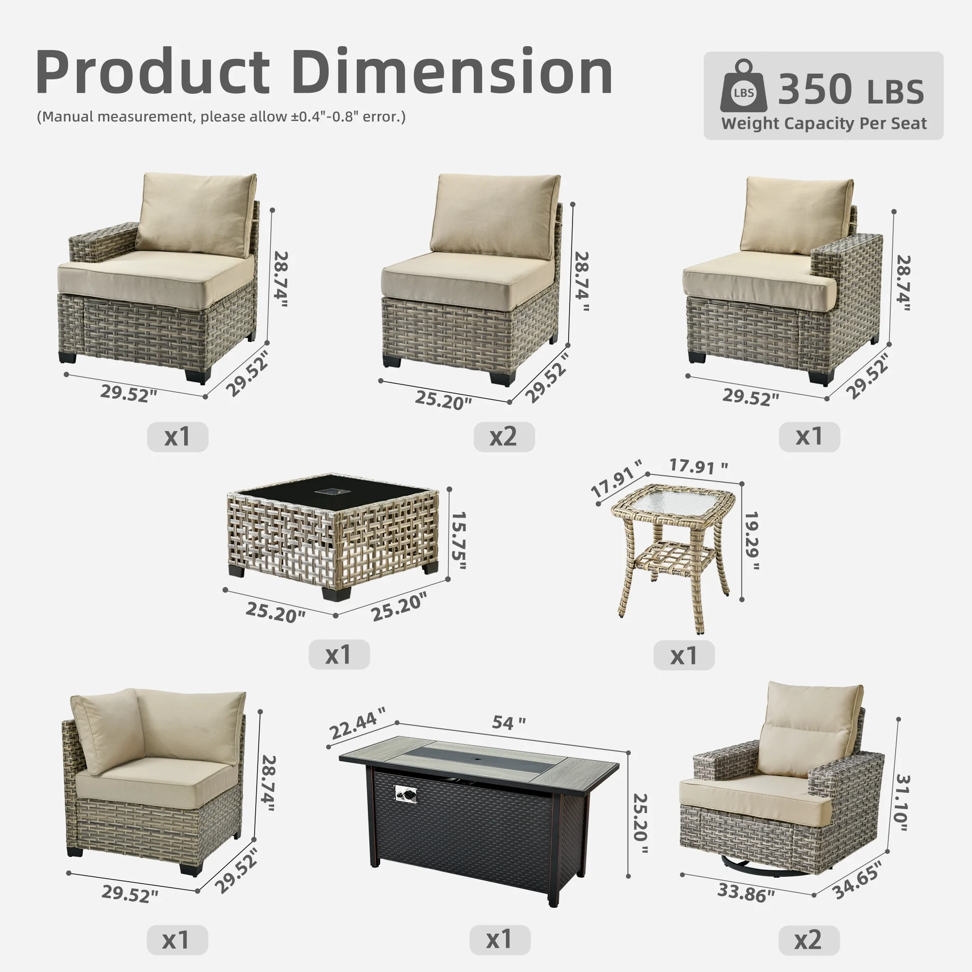 Ovios 10 Pieces Outdoor Patio Furniture Modern High-Back All-Weather Wicker Sectional Conversation Set with Propane Fire Pit Table & Swivel Chair, Dark Gray
