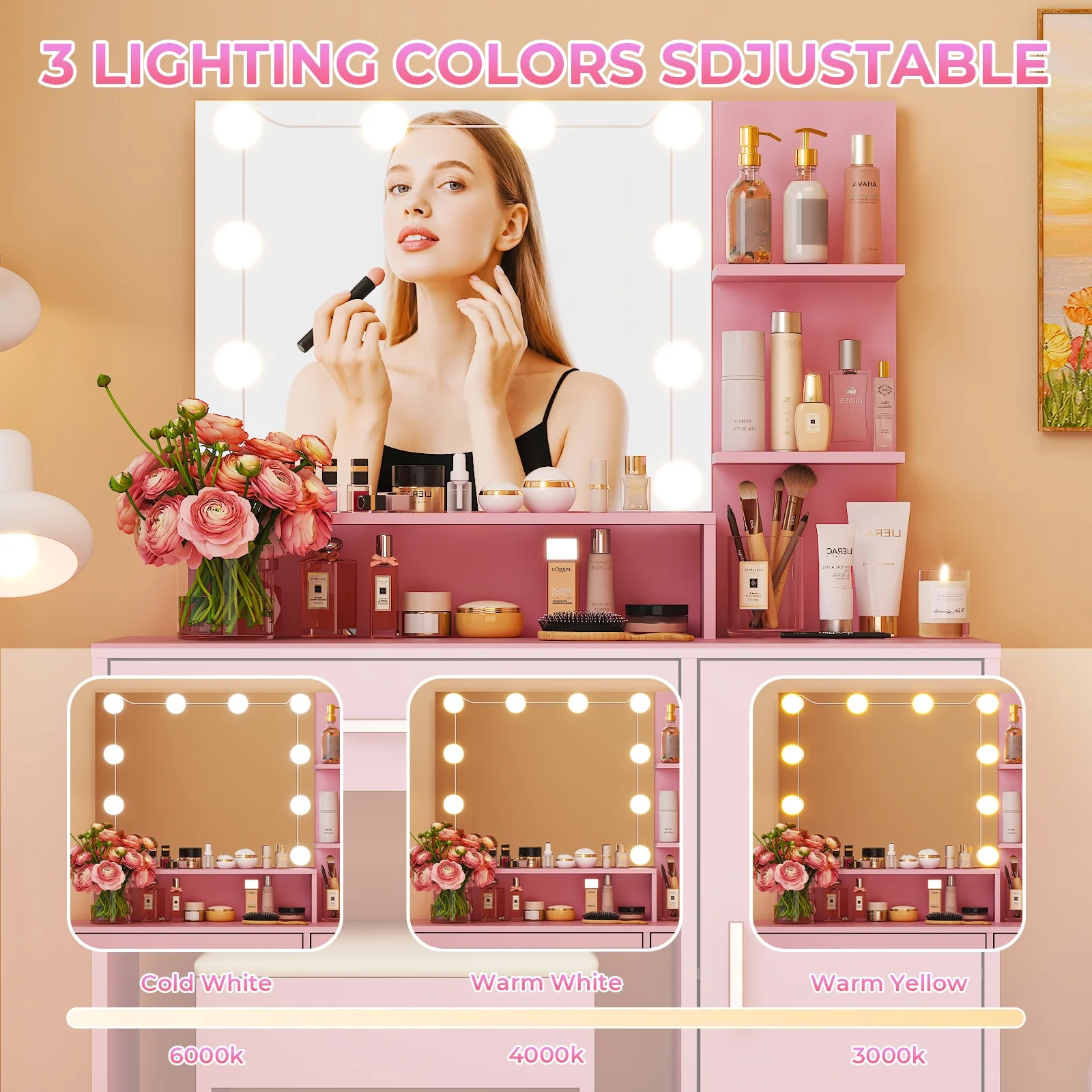Ktaxon Vanity Set with 3 Color Lighted Mirror, Makeup Table with 3 Storage Shelves & Drawers, Dressing Table Makeup Desk with Stool,White