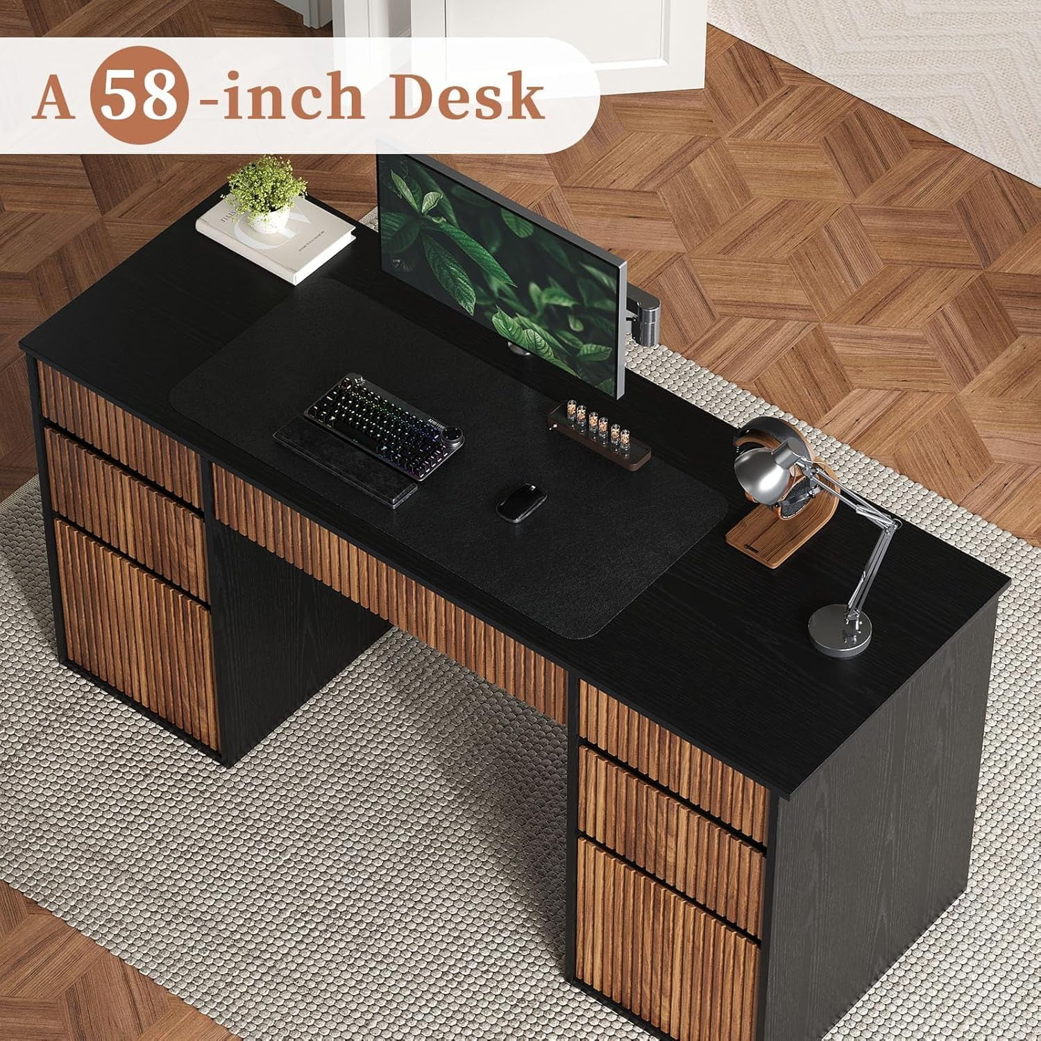 DreamCurship 58 Inch White Executive Desk, White Computer Desk with 7 Drawers, Home Office Desk for Work and Study, White and Walnut