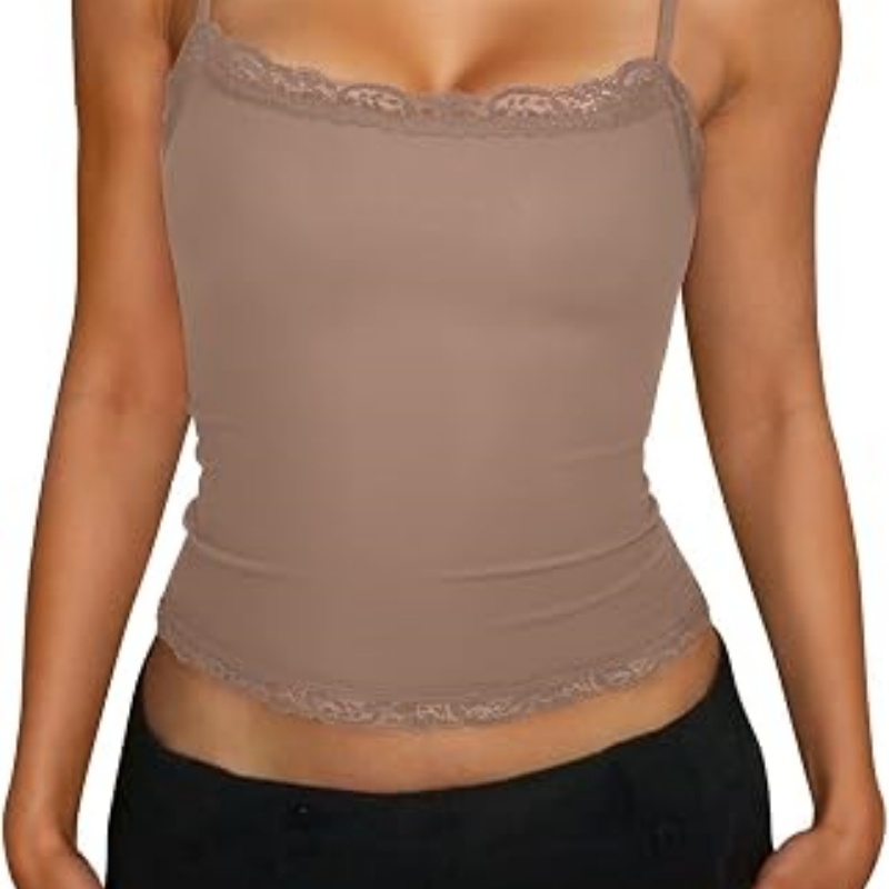 Women's Sexy Square Neck Lace Cami Tank Tops Fitted Double Lined Sleeveless Crop Spaghetti Strap Summer Y2k Tops